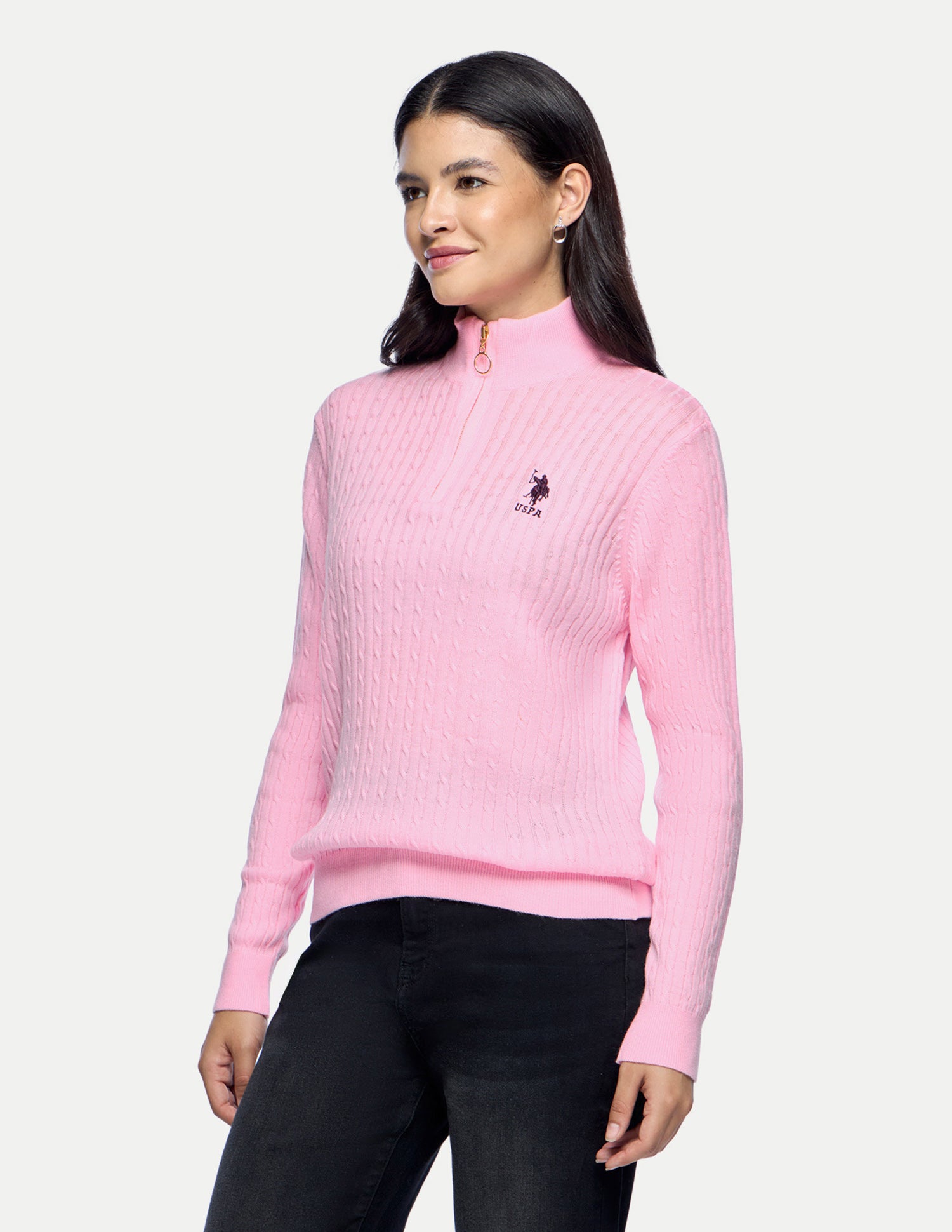 Cable Patterned Knit Regular Fit Sweater Pink - U.S. Polo Assn. India | Large