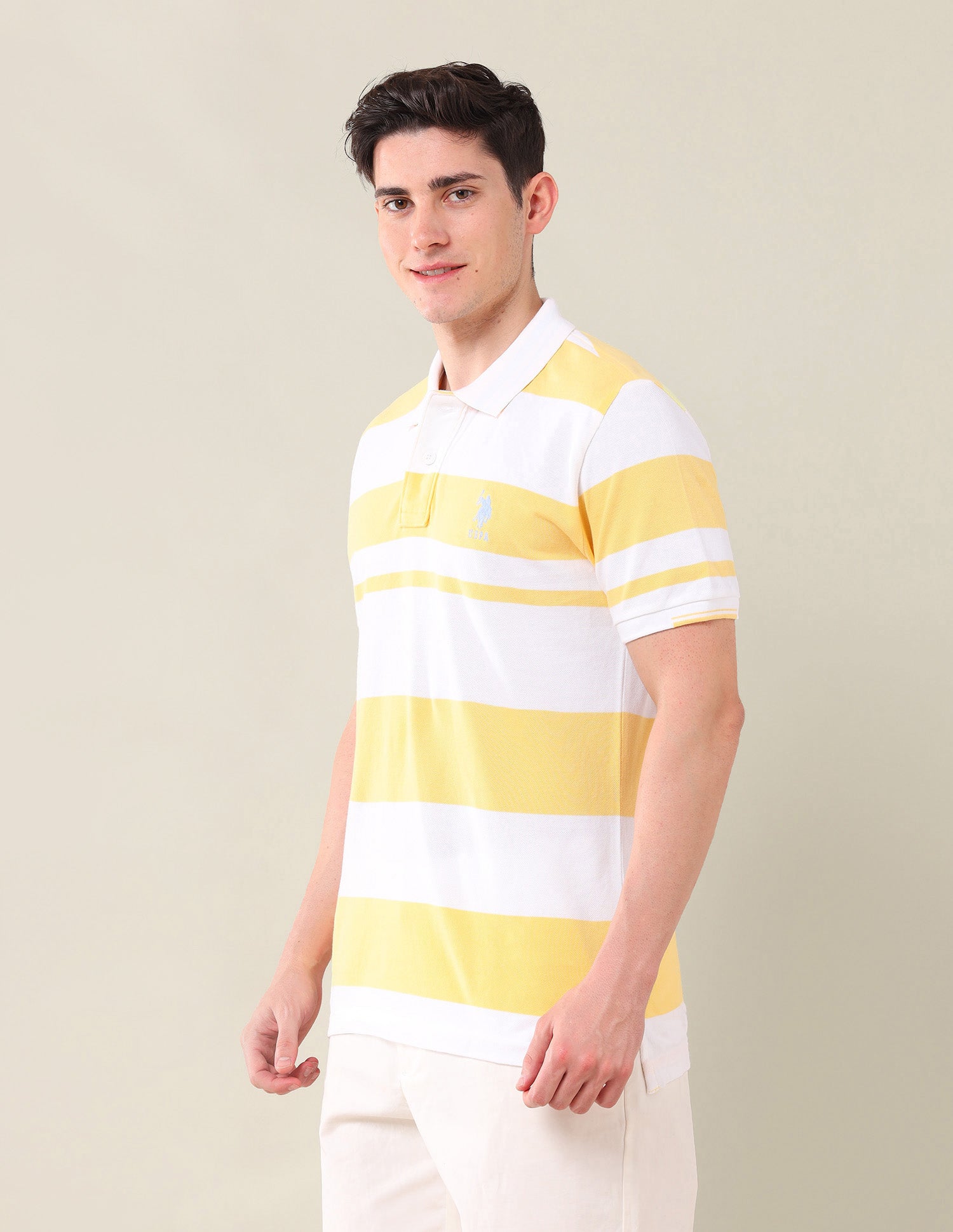 Horizontal Stripes Pure Cotton Polo Shirt Light Yellow - U.S. Polo Assn. India | Large