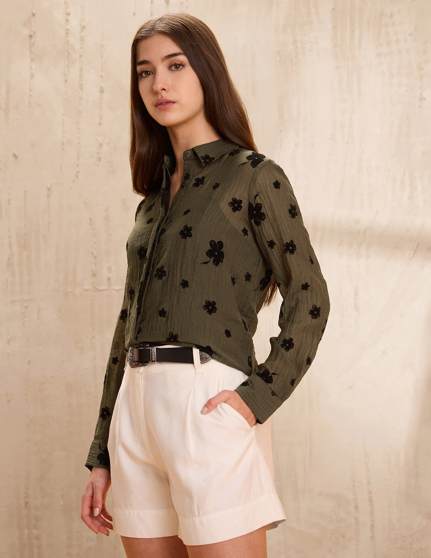 Semi-Sheer Floral Flock Shirt Brown - U.S. POLO ASSN. | Large