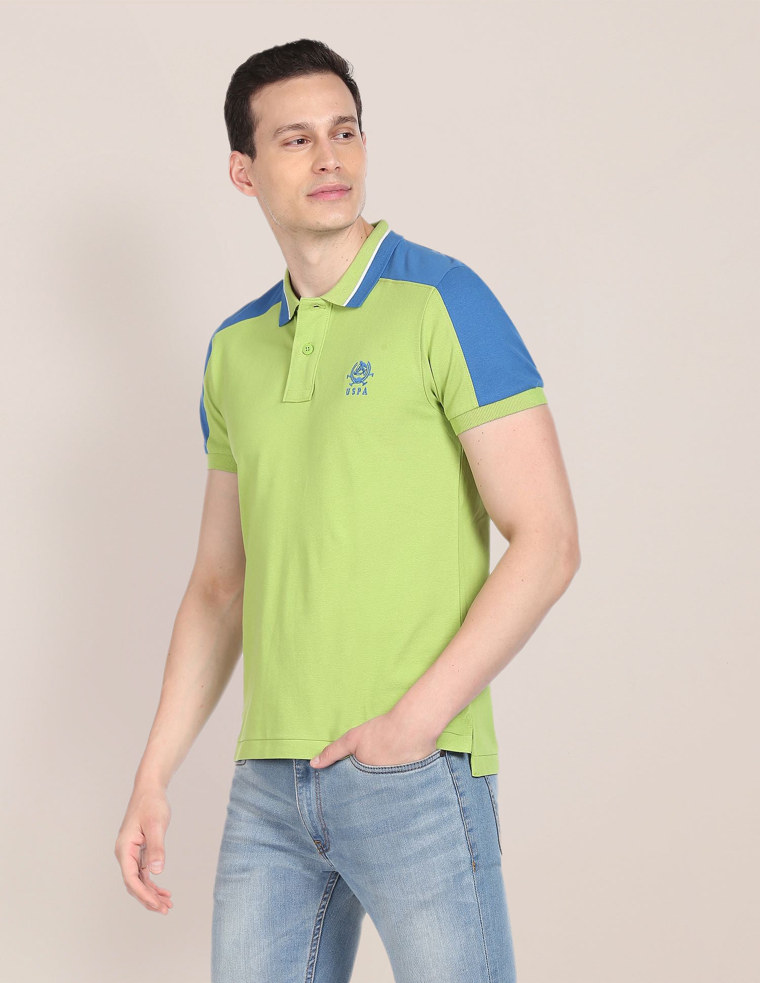 Colour Block Cotton Polo Shirt Light Green and Blue - U.S. POLO ASSN. | Large