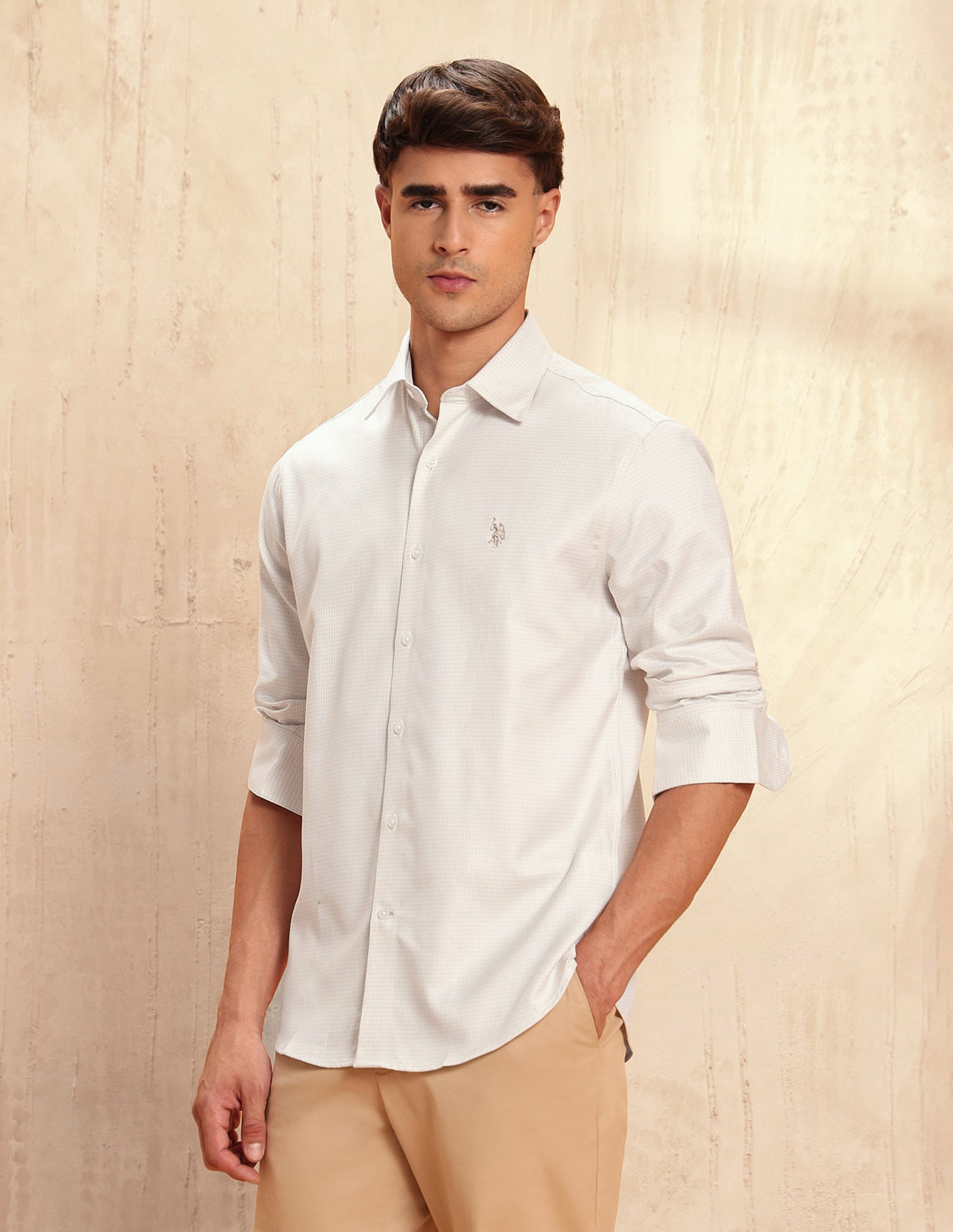 Twill Micro Checked Shirt Beige - U.S. POLO ASSN. | Large