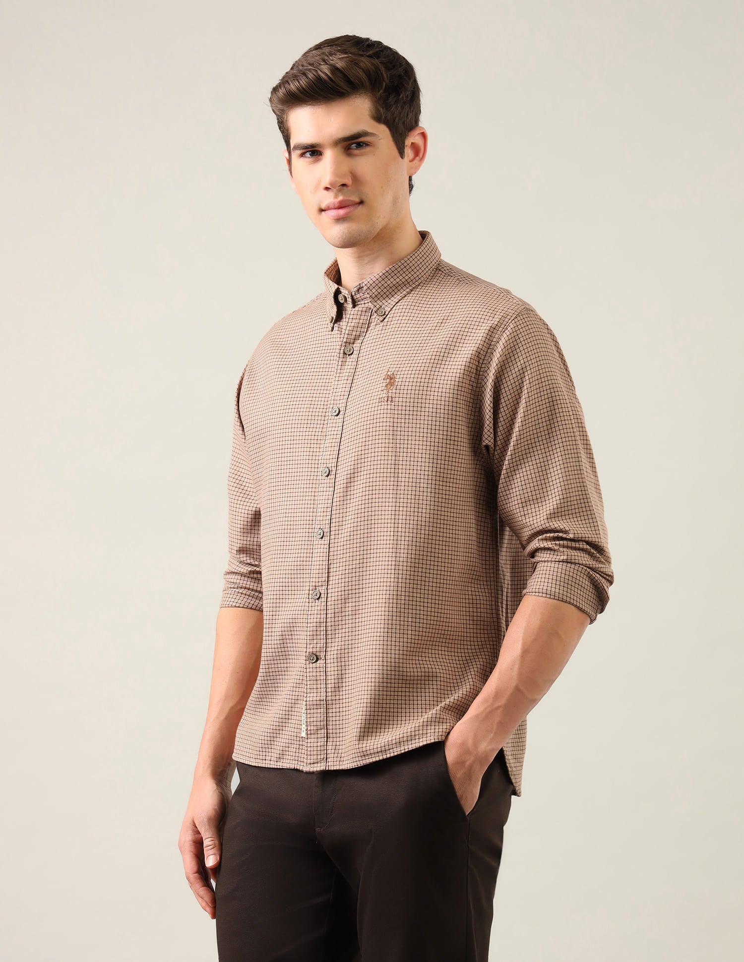 Micro Checked Regular Fit Shirt Beige - U.S. Polo Assn. India | Large