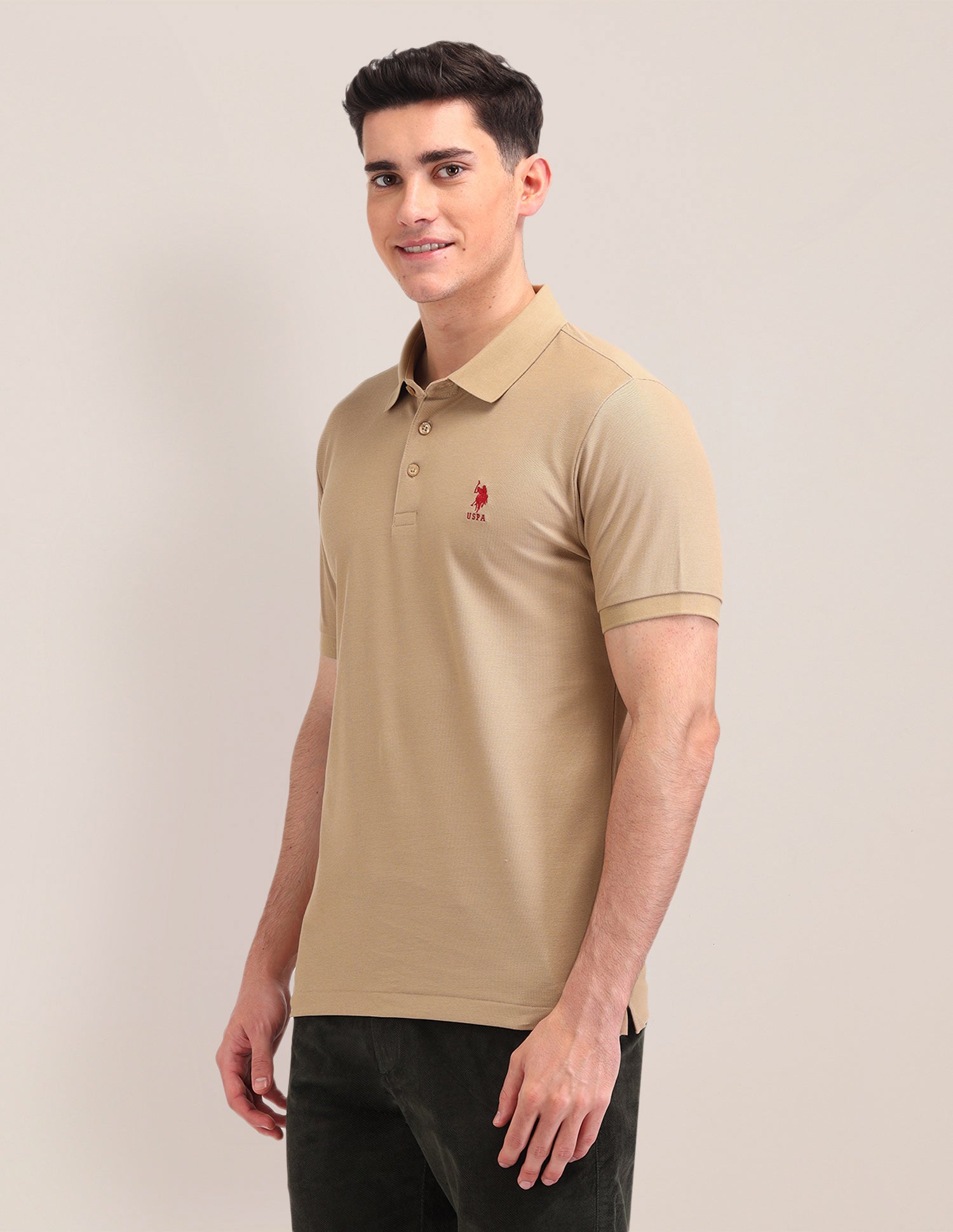Solid Pattern Cotton Polo Shirt Beige - U.S. Polo Assn. India | Large
