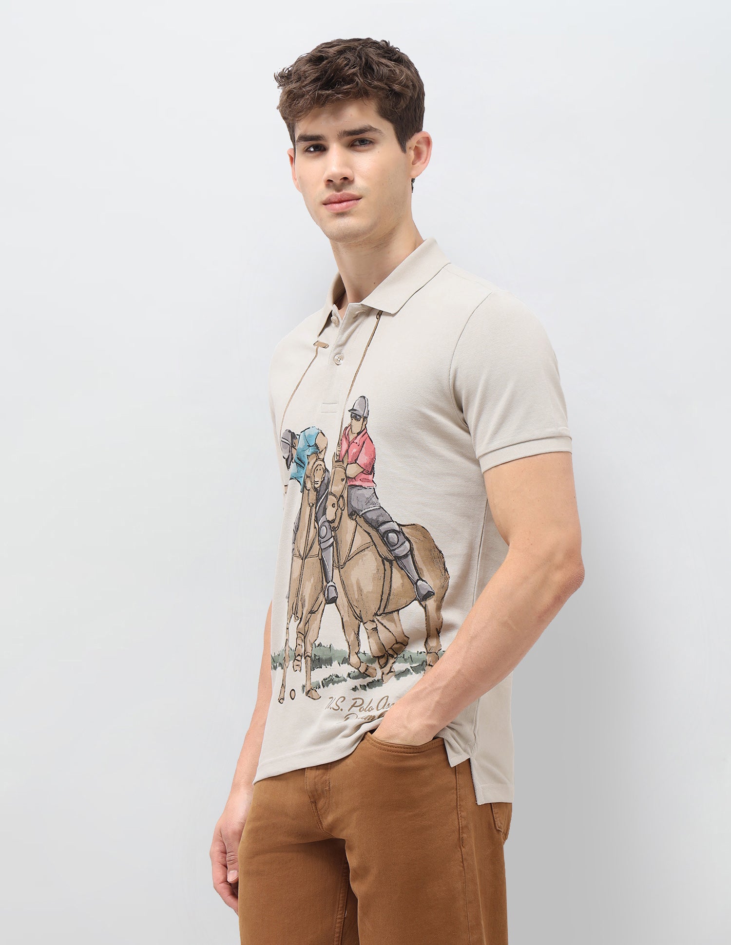 Graphic Brand Printed Muscle Fit Polo Shirt Beige - U.S. Polo Assn. India | Large