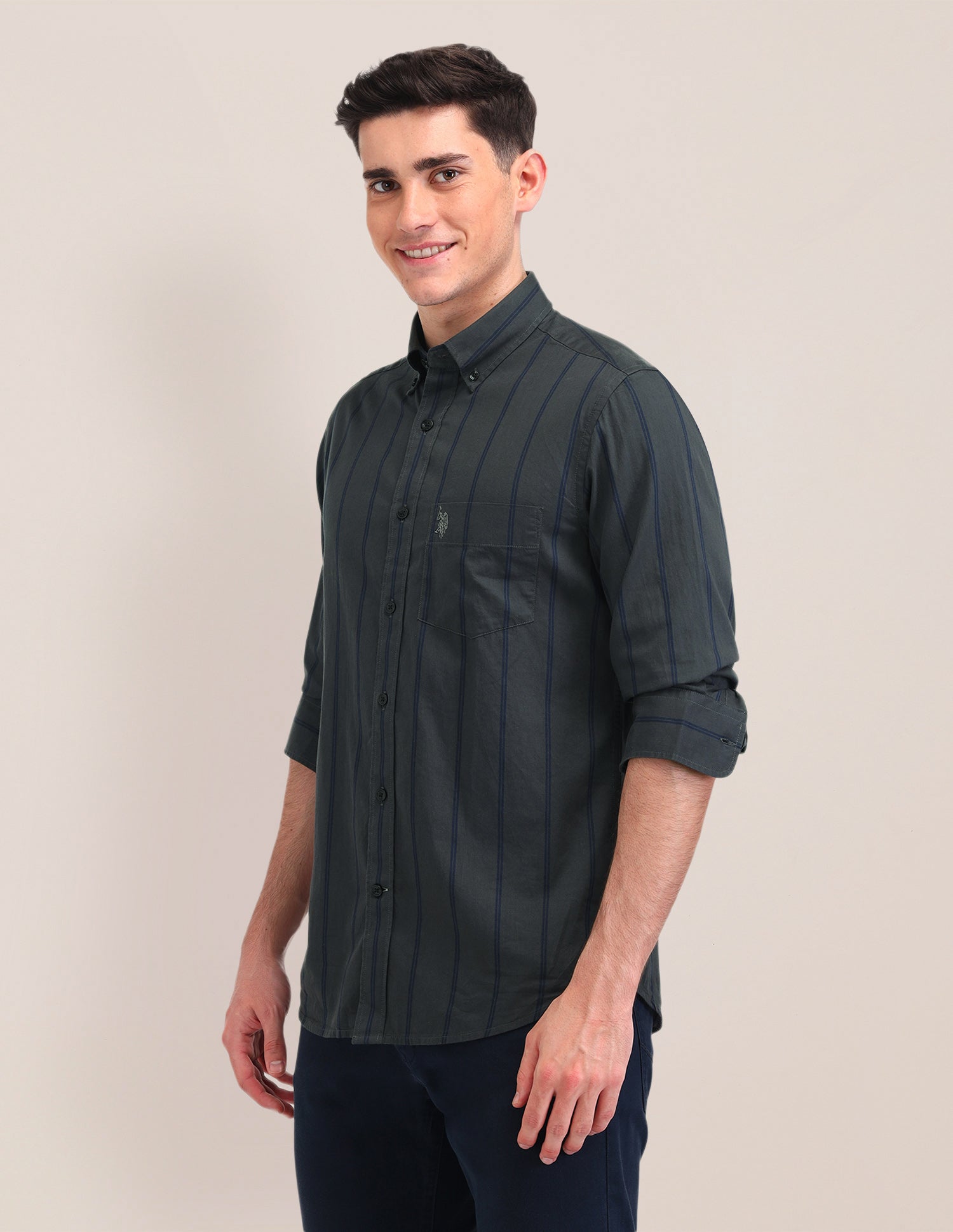 Vertical Striped Tailored Fit Shirt Grey - U.S. Polo Assn. India | Large