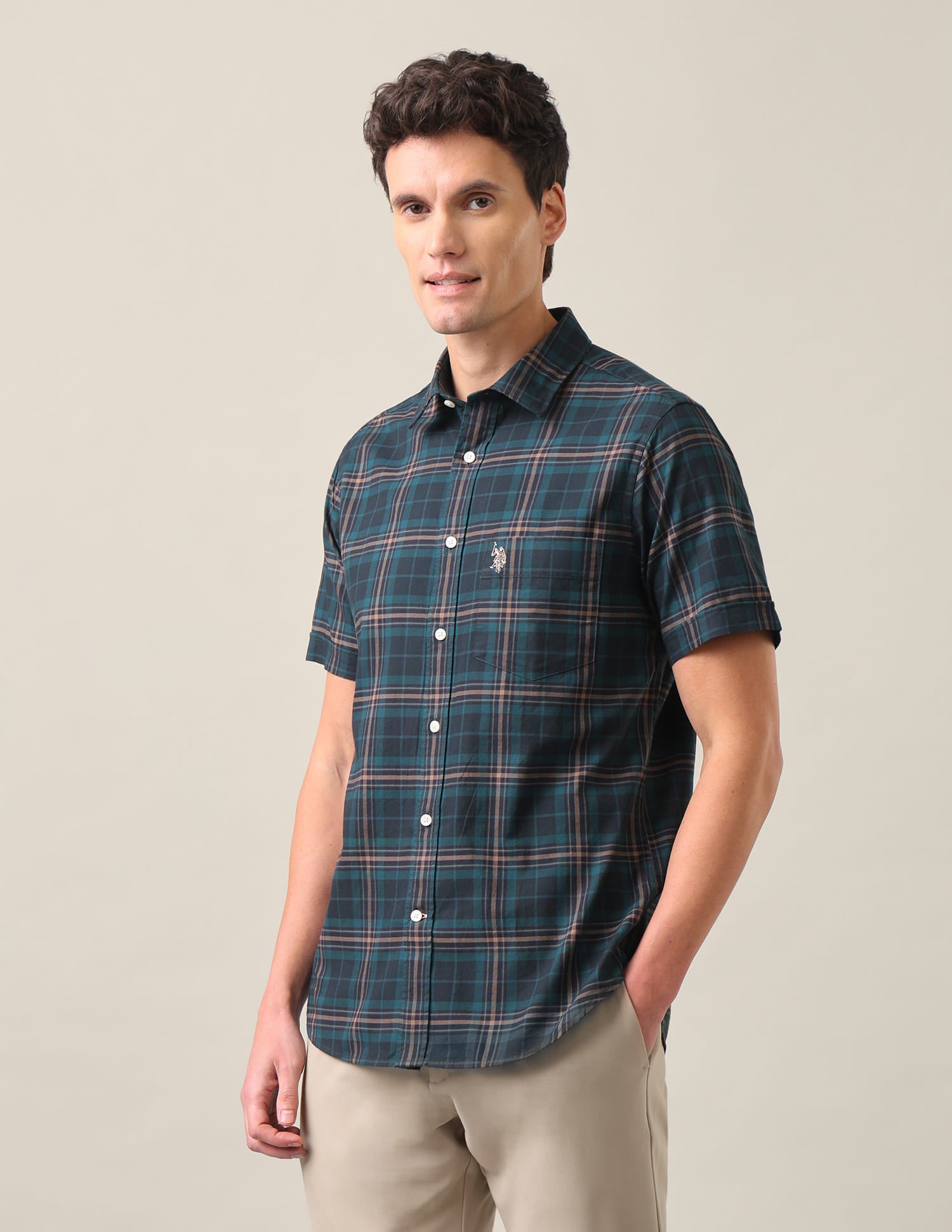 Plaid Checked Tailored Fit Shirt Teal - U.S. Polo Assn. India | Large