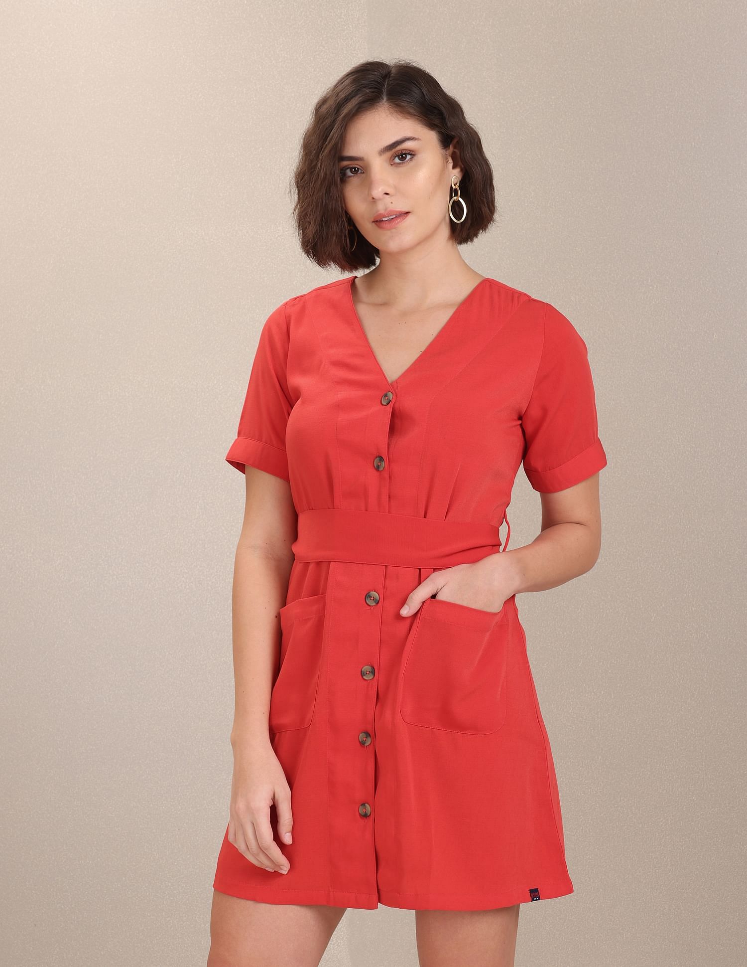 Solid Belted Shirt Dress Red - U.S. Polo Assn. India | Large