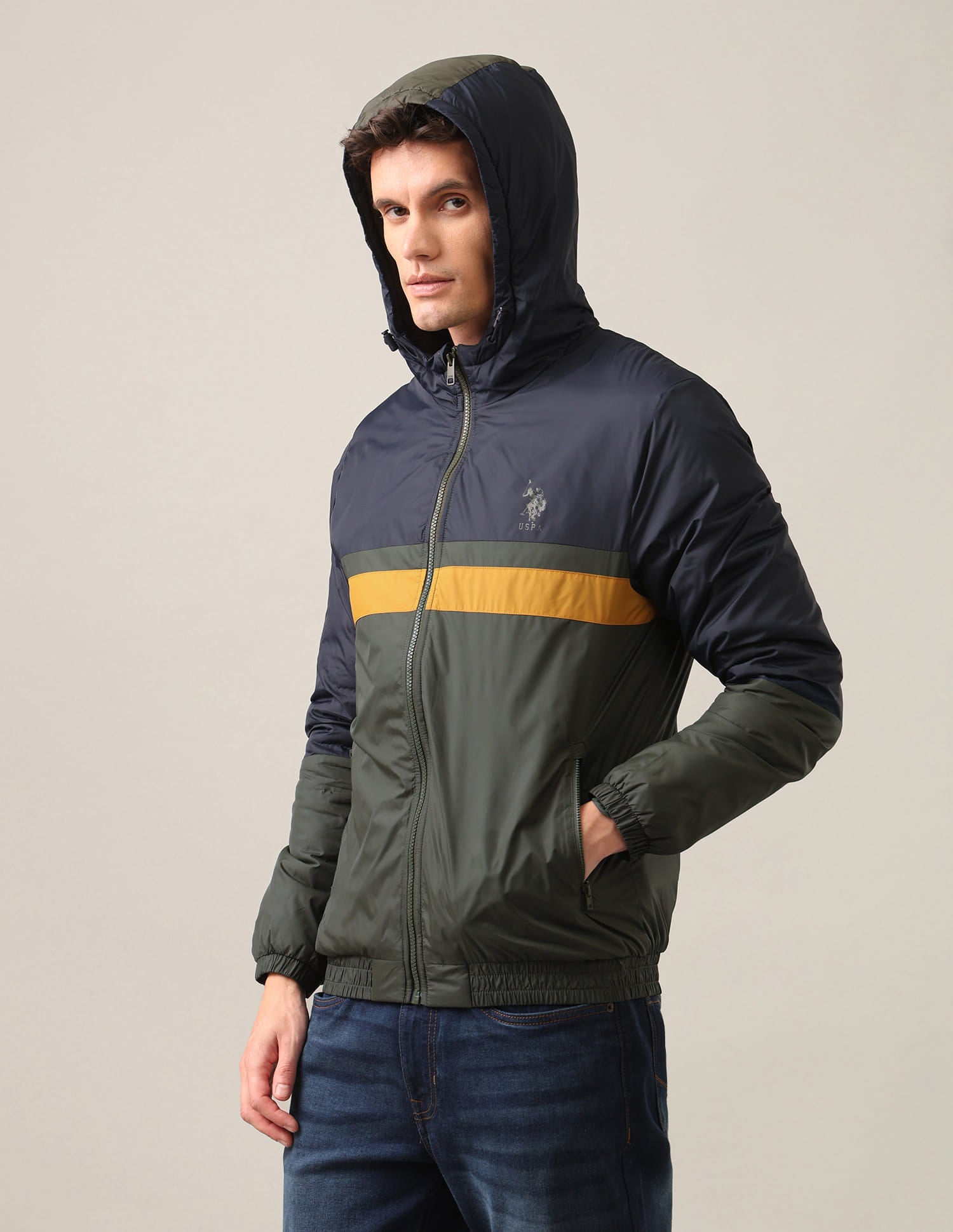 Colour Block Hooded Jacket Olive - U.S. Polo Assn. India | Large