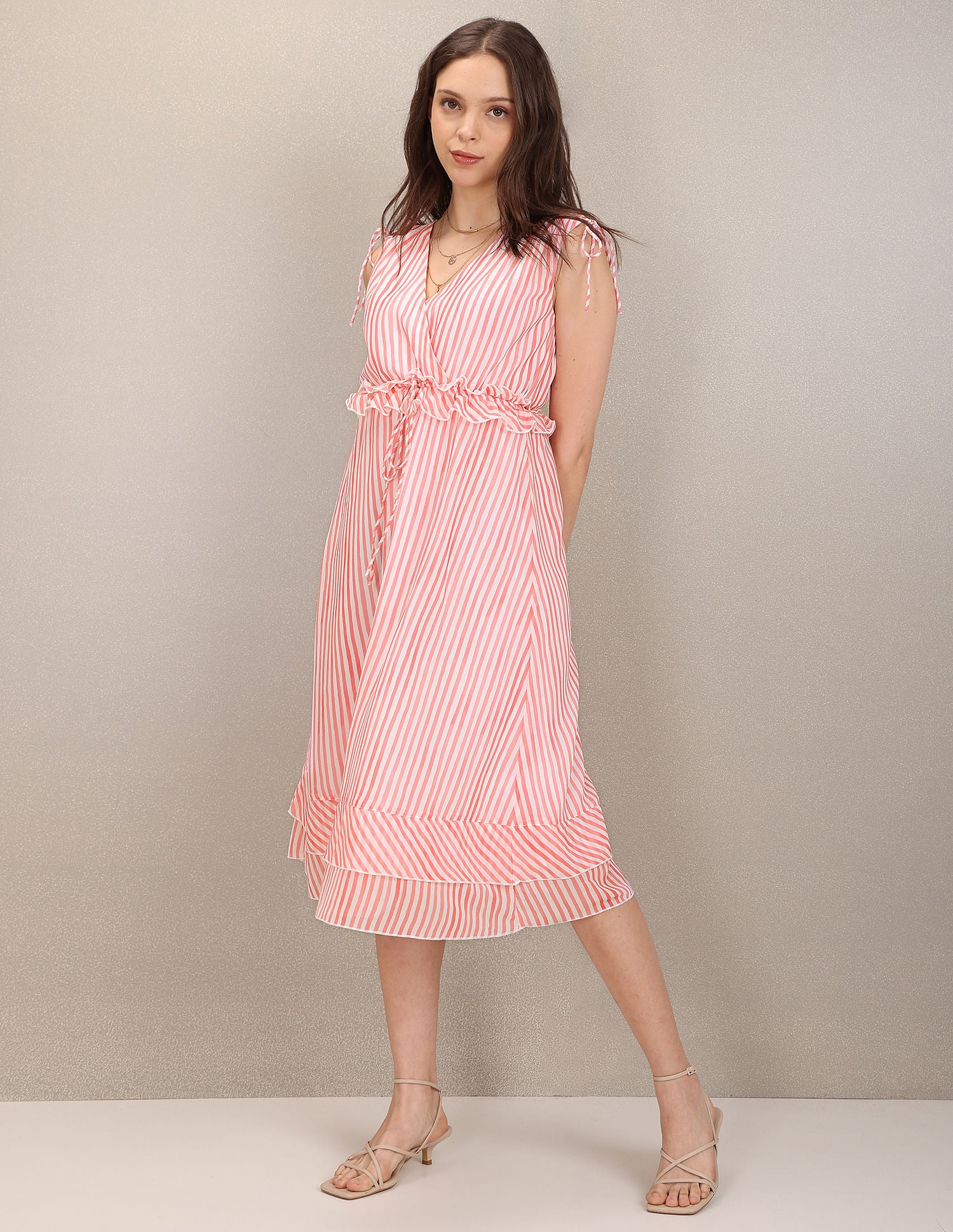 V-Neck Striped Midi Dress Peach and White - U.S. Polo Assn. India | Large