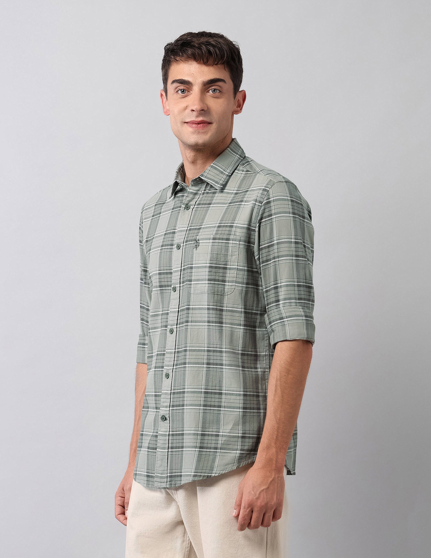 Tartan Checked Twill Shirt Light Olive - U.S. Polo Assn. India | Large