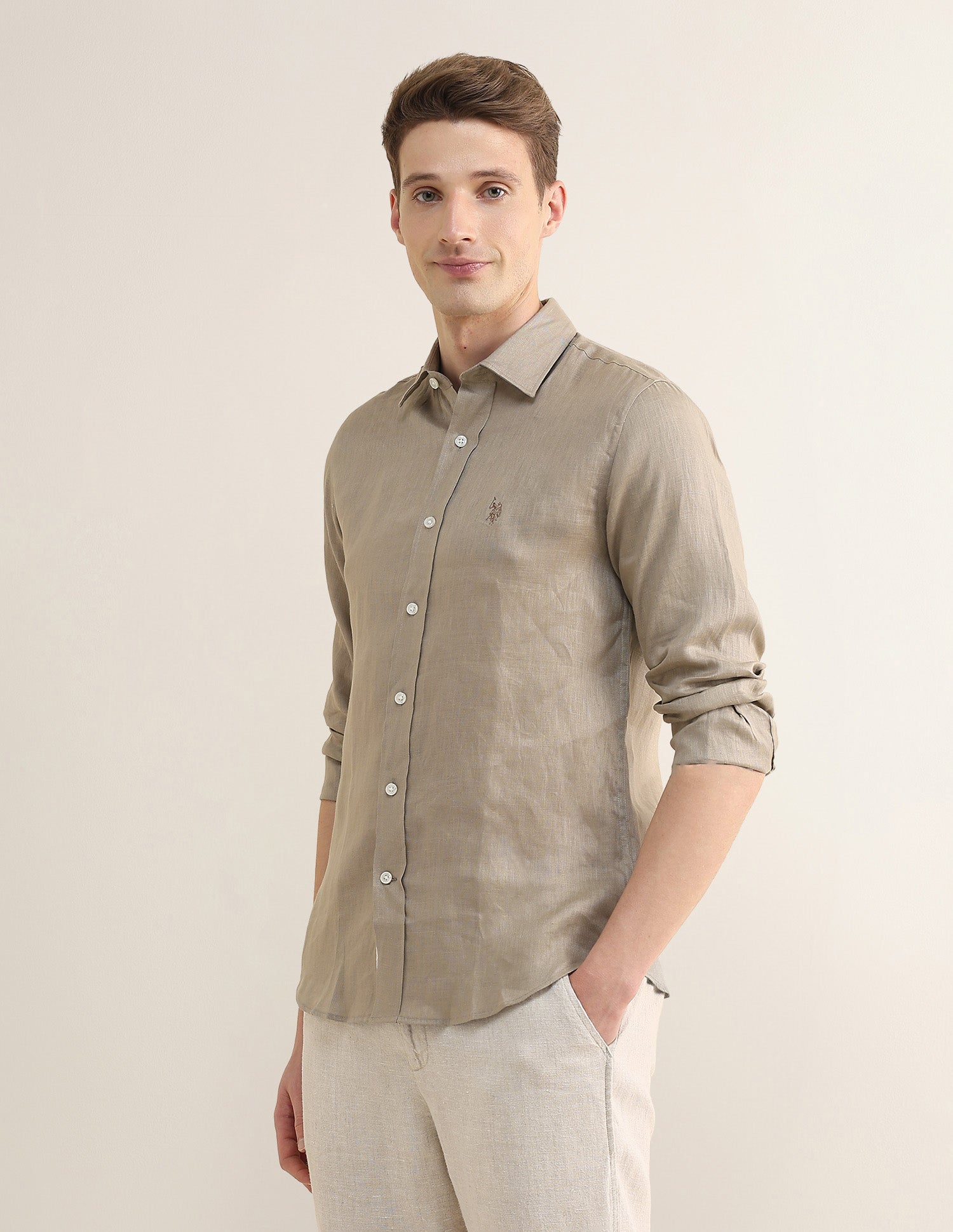 Solid Regular Fit Shirt Light Brown - U.S. Polo Assn. India | Large