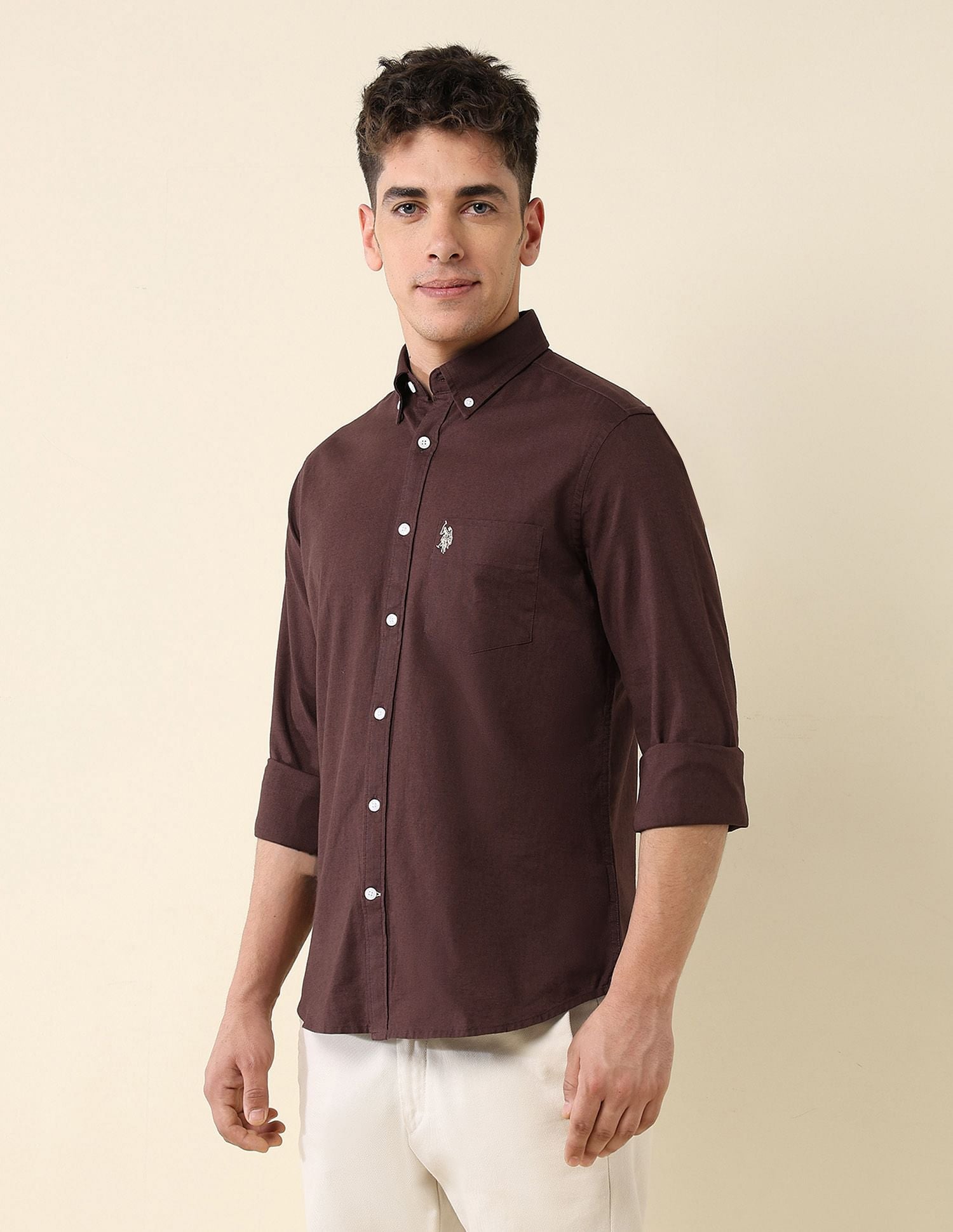 Oxford Stretch Button Down Shirt Brown - U.S. Polo Assn. India | Large