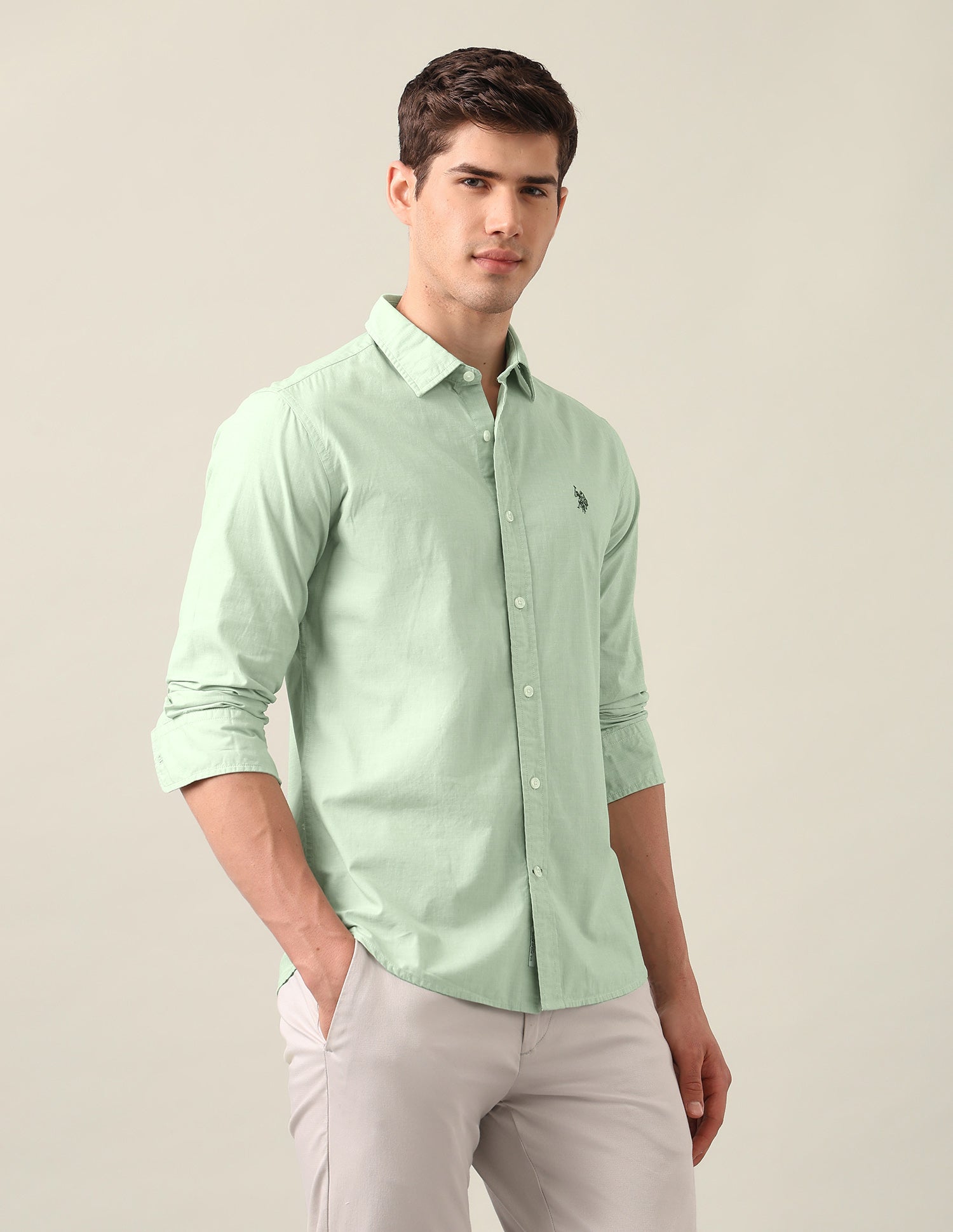 Tailored Fit Solid Shirt Light Green - U.S. Polo Assn. India | Large
