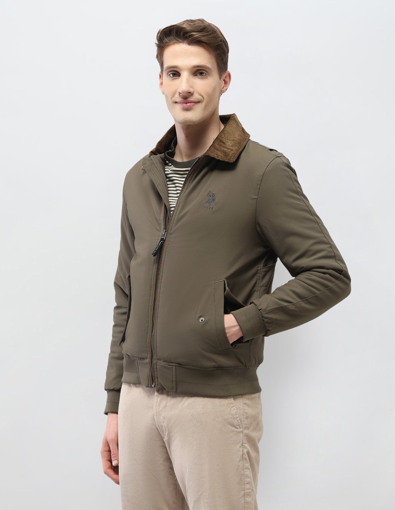 Solid Regular Fit Jacket Olive - U.S. Polo Assn. India | Large
