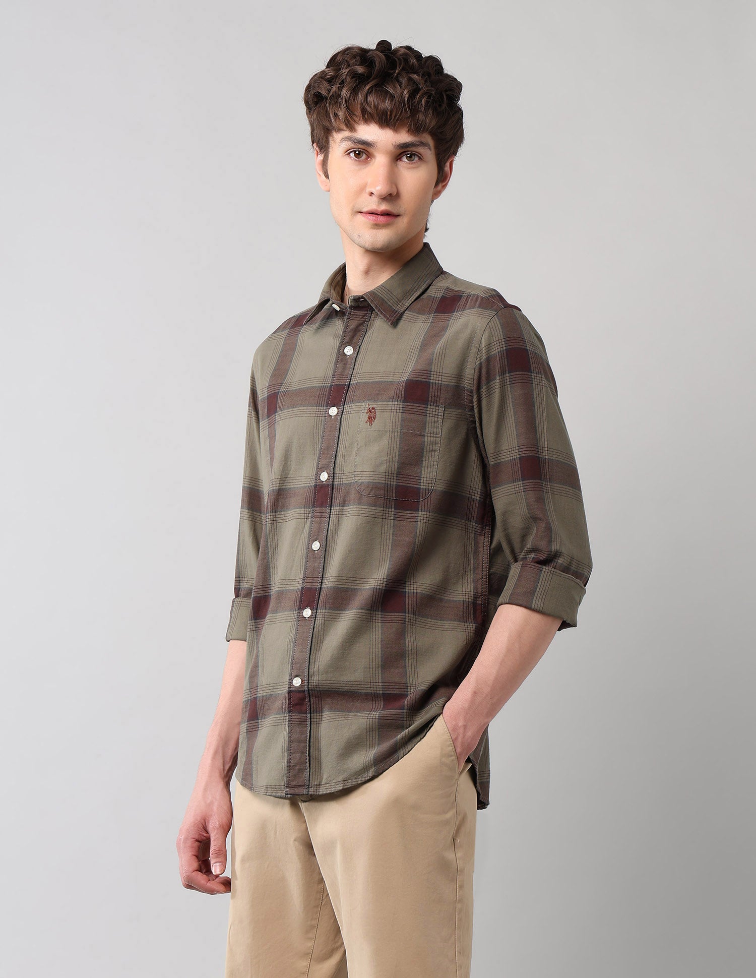 Windowpane Checked Pure Cotton Shirt Olive - U.S. Polo Assn. India | Large