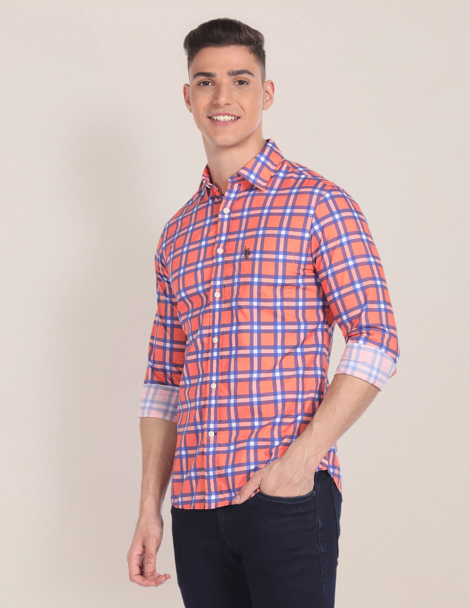 Tartan Check Cotton Shirt Orange - U.S. POLO ASSN. | Large