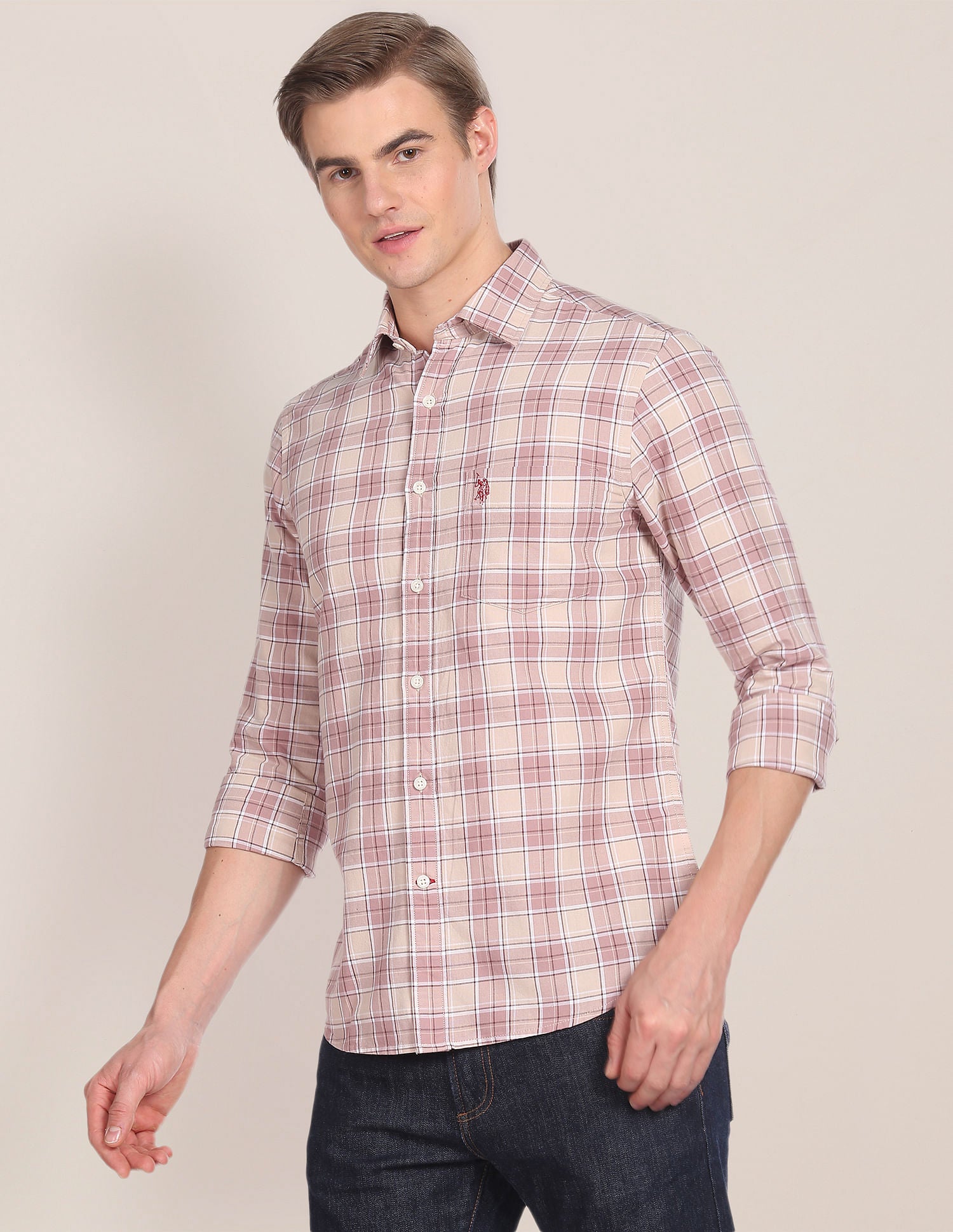Spread Collar Tartan Check Shirt Beige - U.S. Polo Assn. India | Large