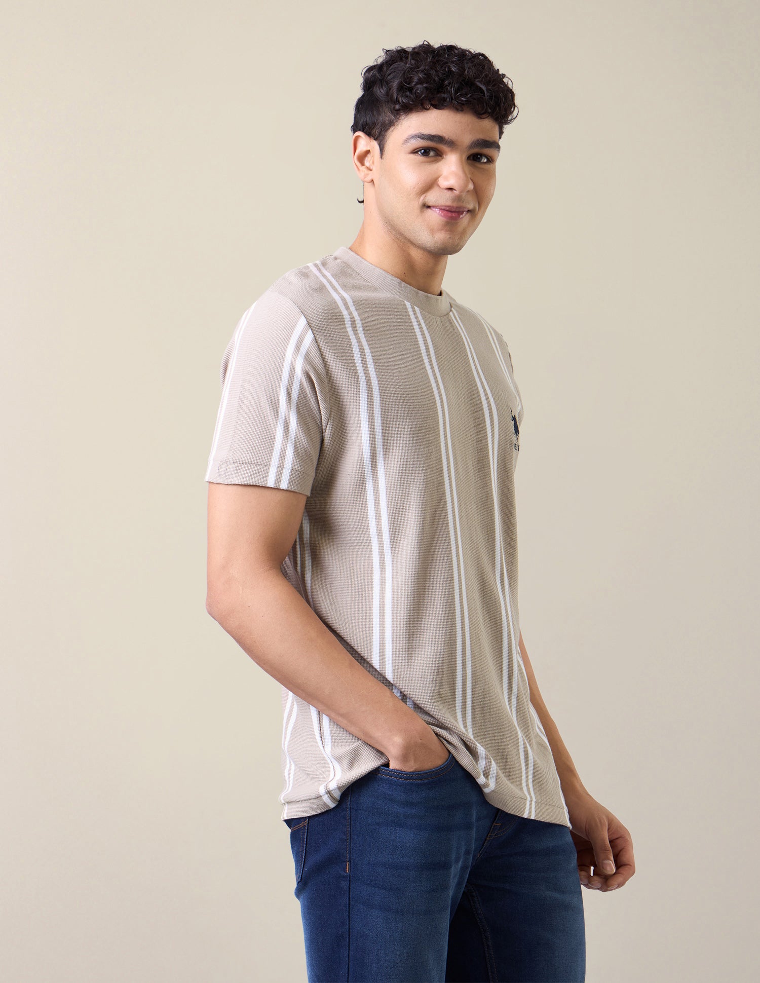 Vertical Striped Slim Fit T-Shirt Beige - U.S. Polo Assn. India | Large