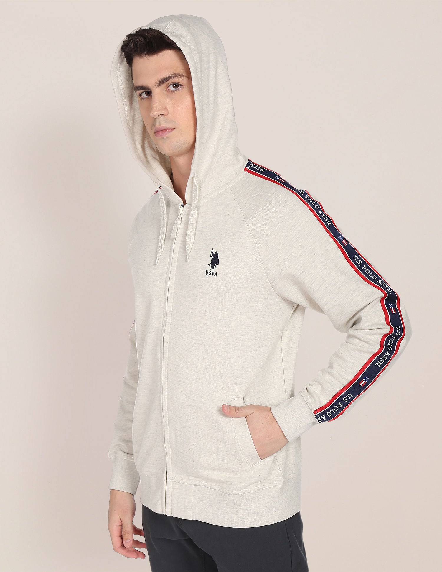 Hooded Zip Up Heathered Sweatshirt Ecru - U.S. POLO ASSN. | Large