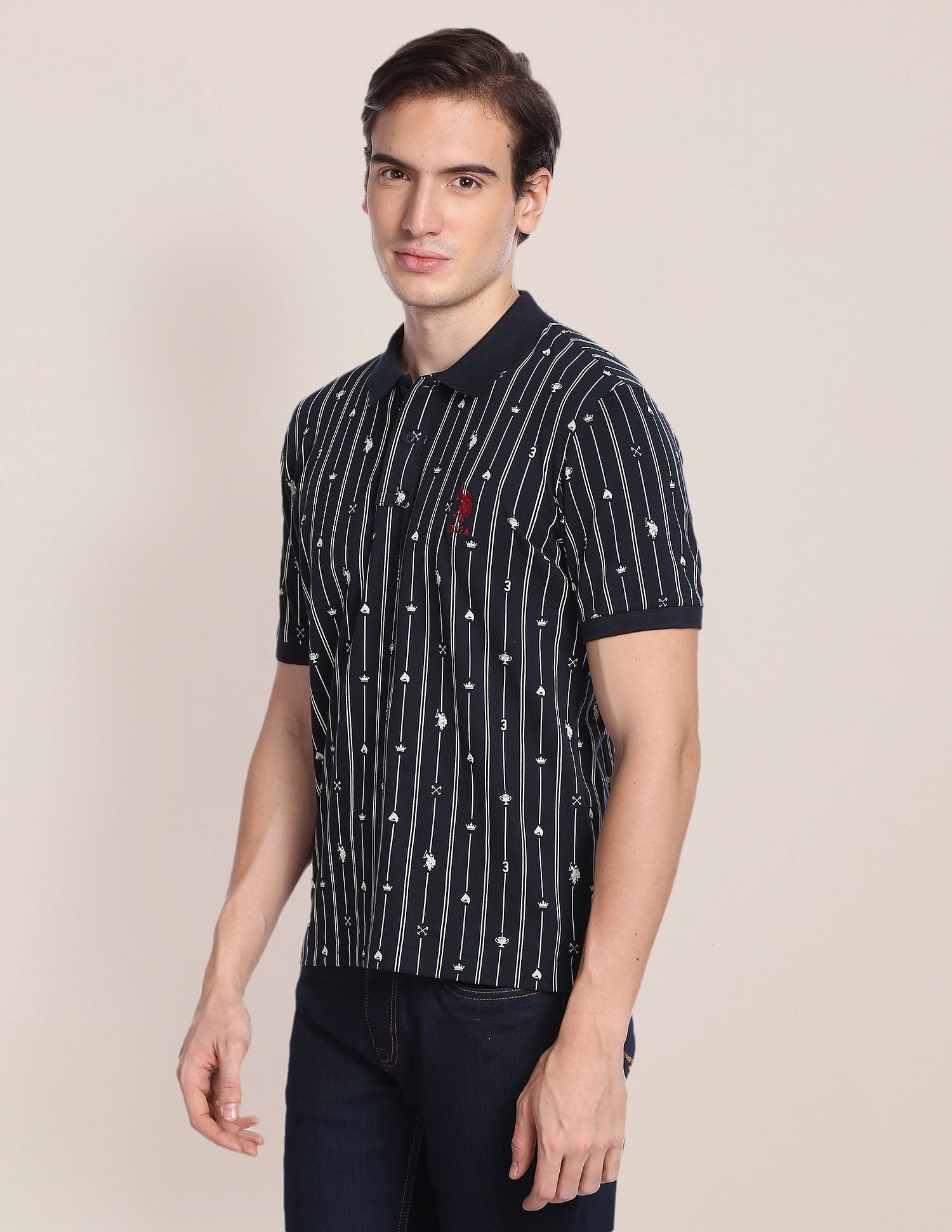 Graphic Print Striped Polo Shirt Navy - U.S. Polo Assn. India | Large