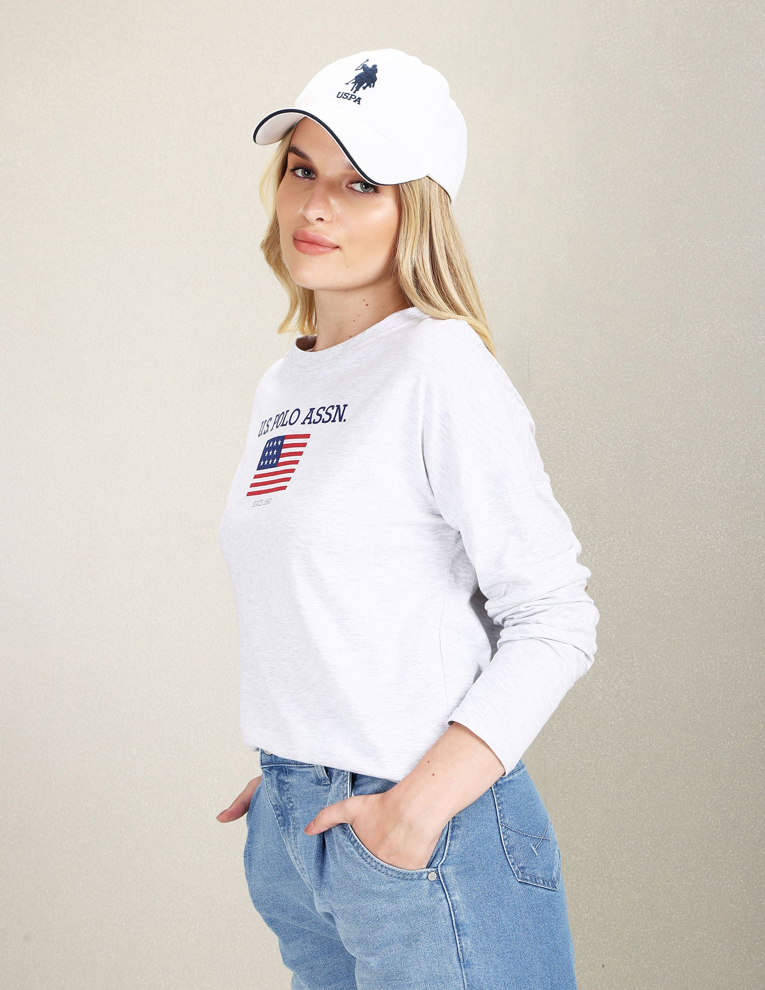 Long Sleeve Flag Print Heathered T-Shirt Light Grey - U.S. POLO ASSN. | Large