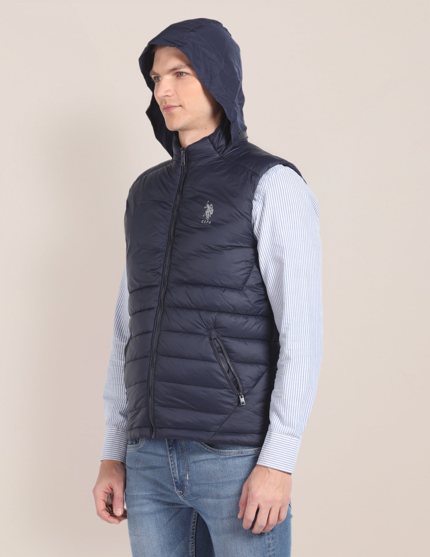 Concealed Hood Sleeveless Jacket Navy - U.S. POLO ASSN. | Large