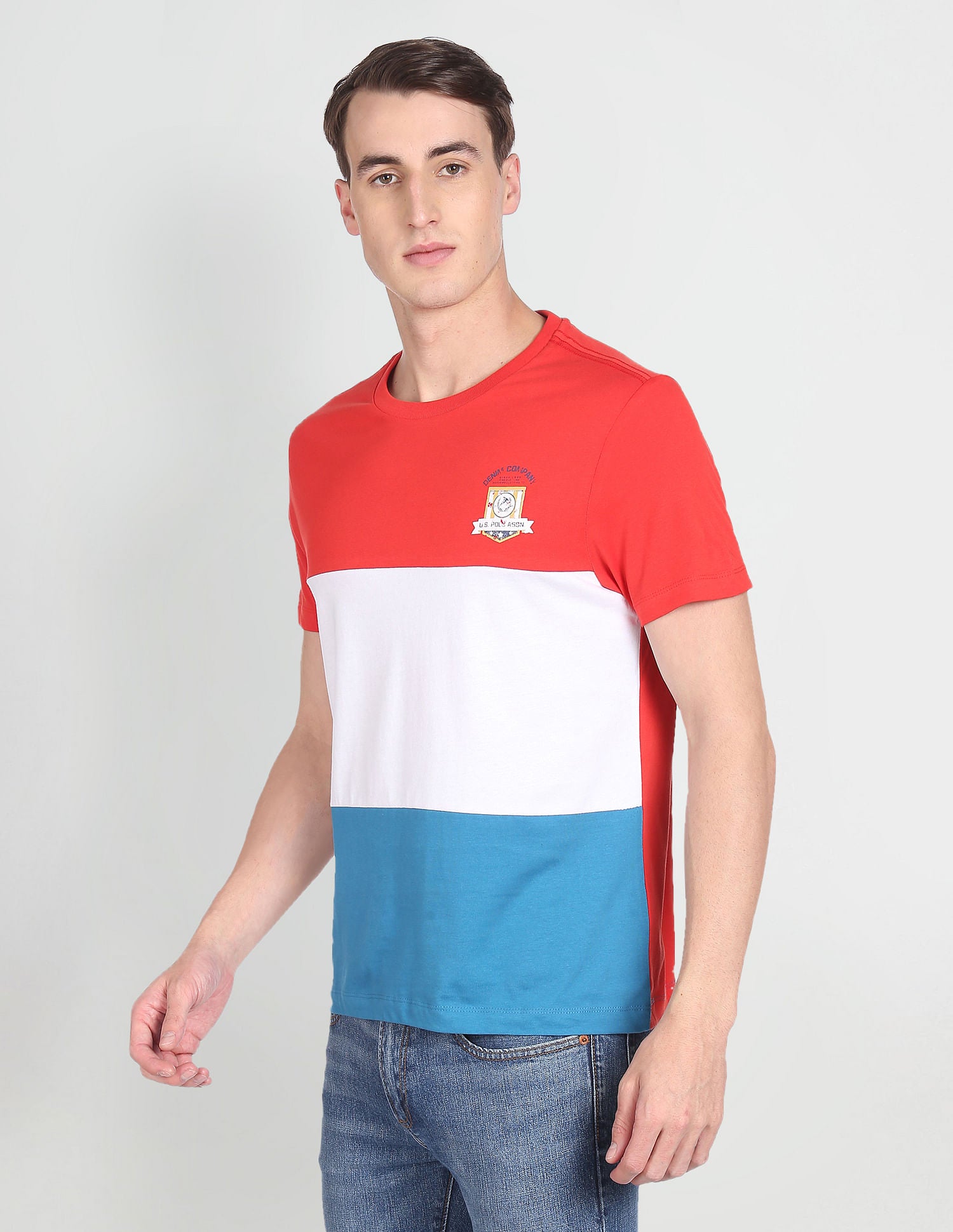 Crew Neck Colour Block Cotton T-Shirt Red, Blue and White - U.S. Polo Assn. India | Large