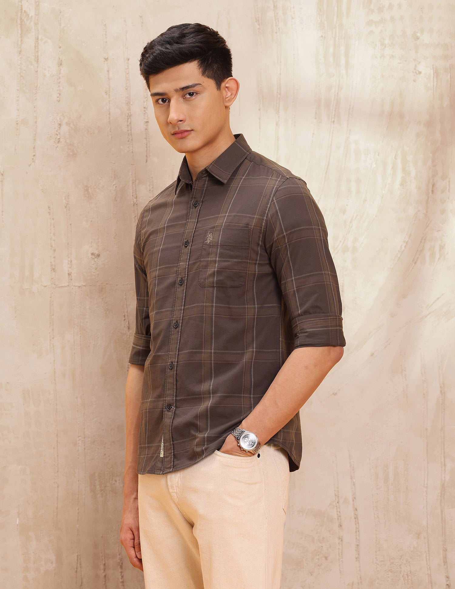 Grid Tattersall Checked Pure Cotton Shirt Dark Brown - U.S. POLO ASSN. | Large