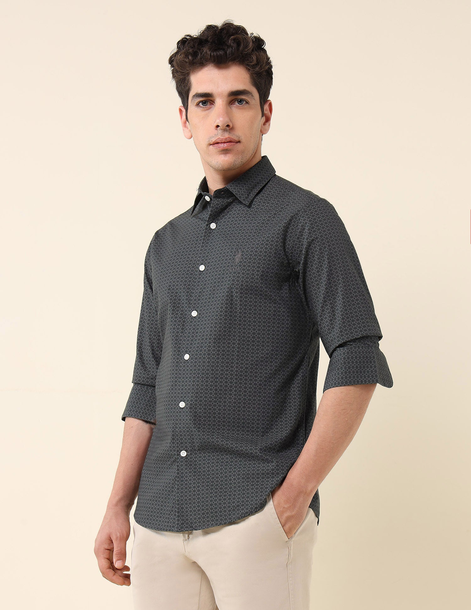 Geometric Printed Pure Cotton Shirt Charcoal - U.S. POLO ASSN. | Large