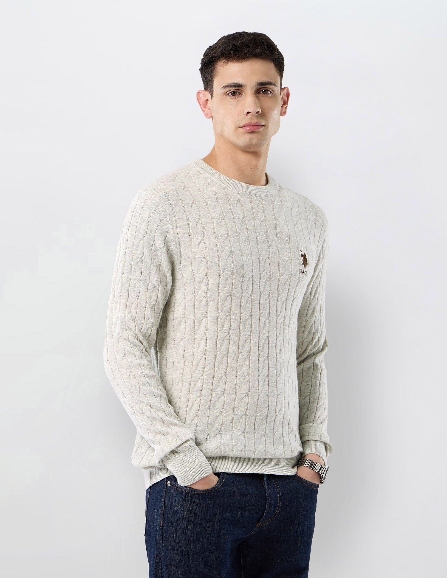 Patterned Cable Knit Regular Fit Sweater Off White - U.S. POLO ASSN. | Large