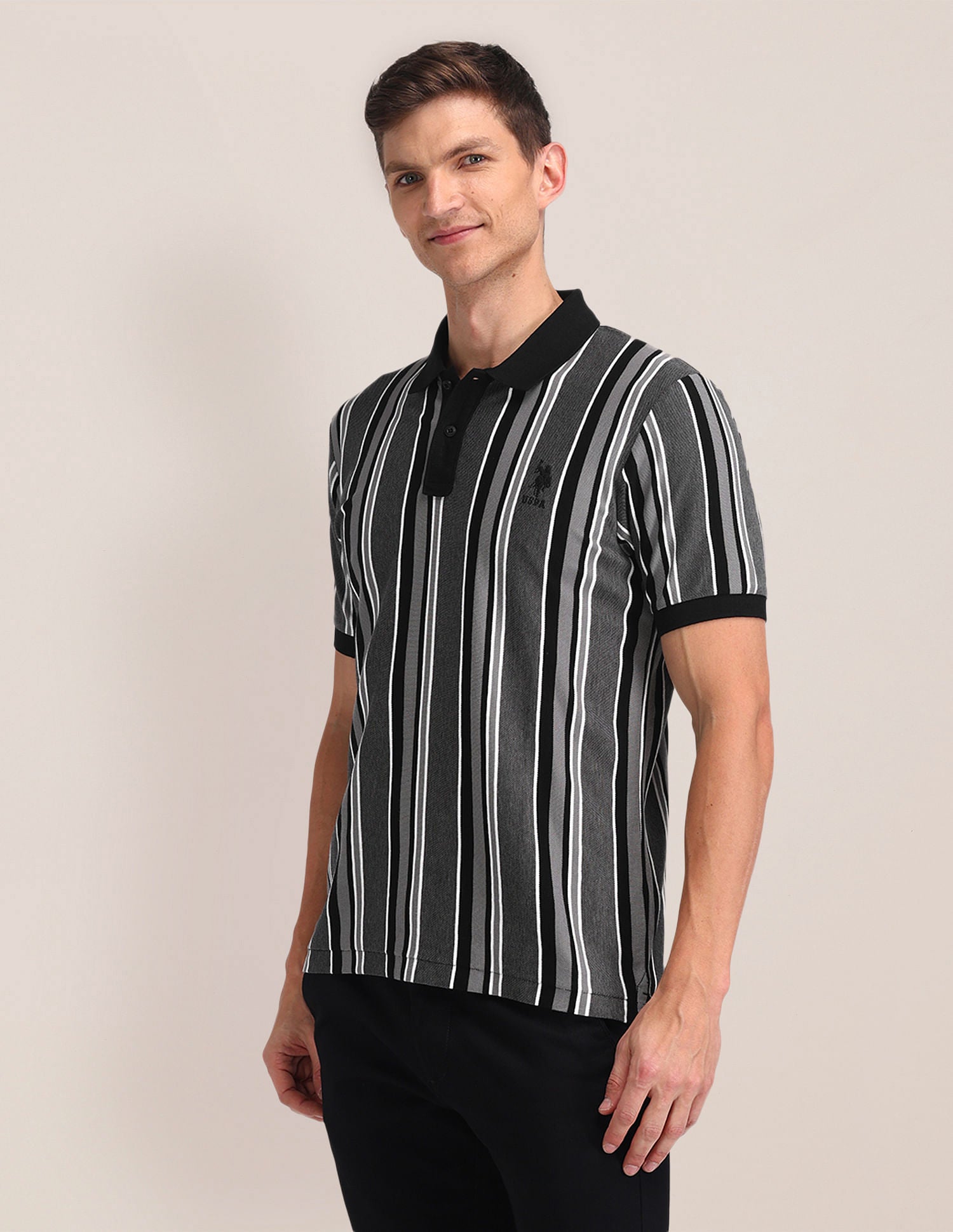 Striped Cotton Polo Shirt Black - U.S. POLO ASSN. | Large