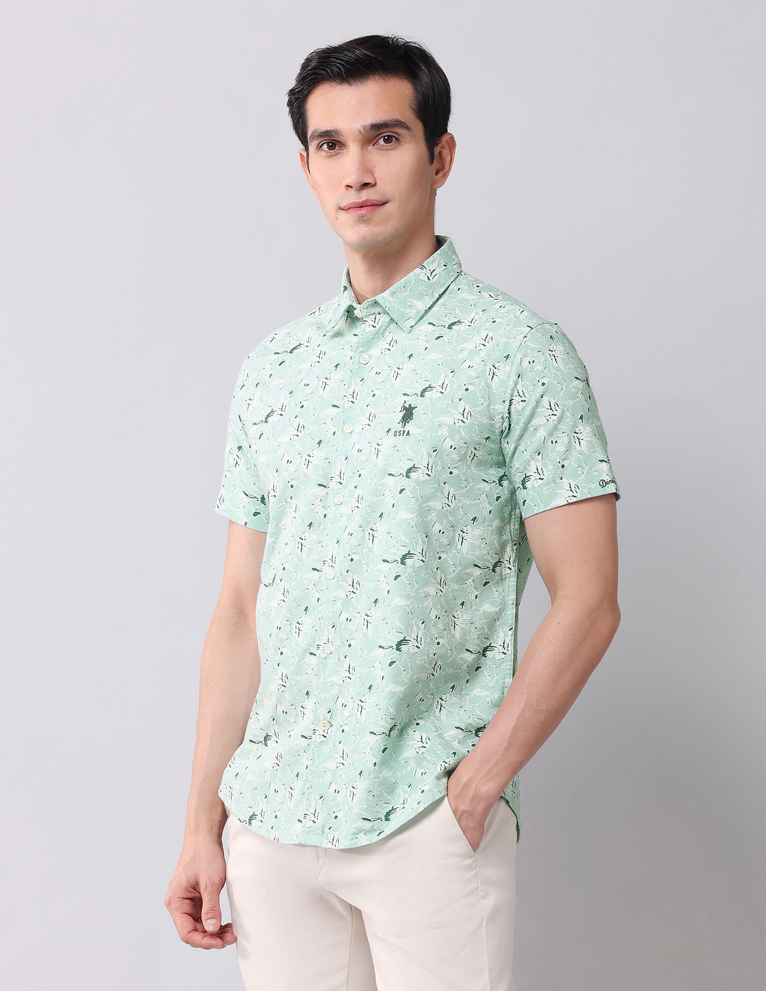 Regular Fit Twill Printed Shirt Light Olive - U.S. Polo Assn. India | Large