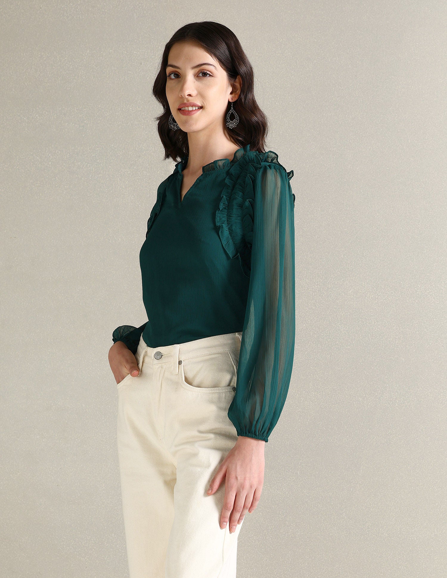 V-Neck Ruffled Neck Top Green - U.S. Polo Assn. India | Large