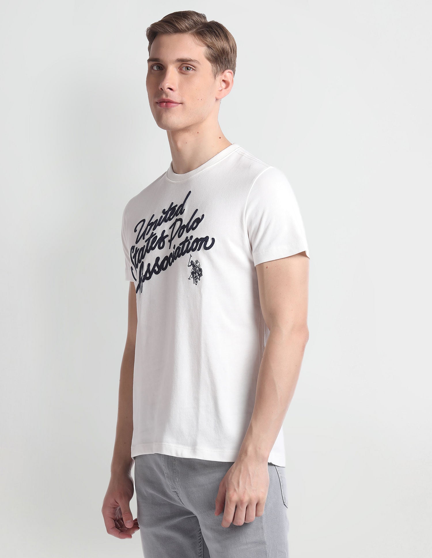 Crew Neck Brand Embroidered T-Shirt Ivory - U.S. Polo Assn. India | Large