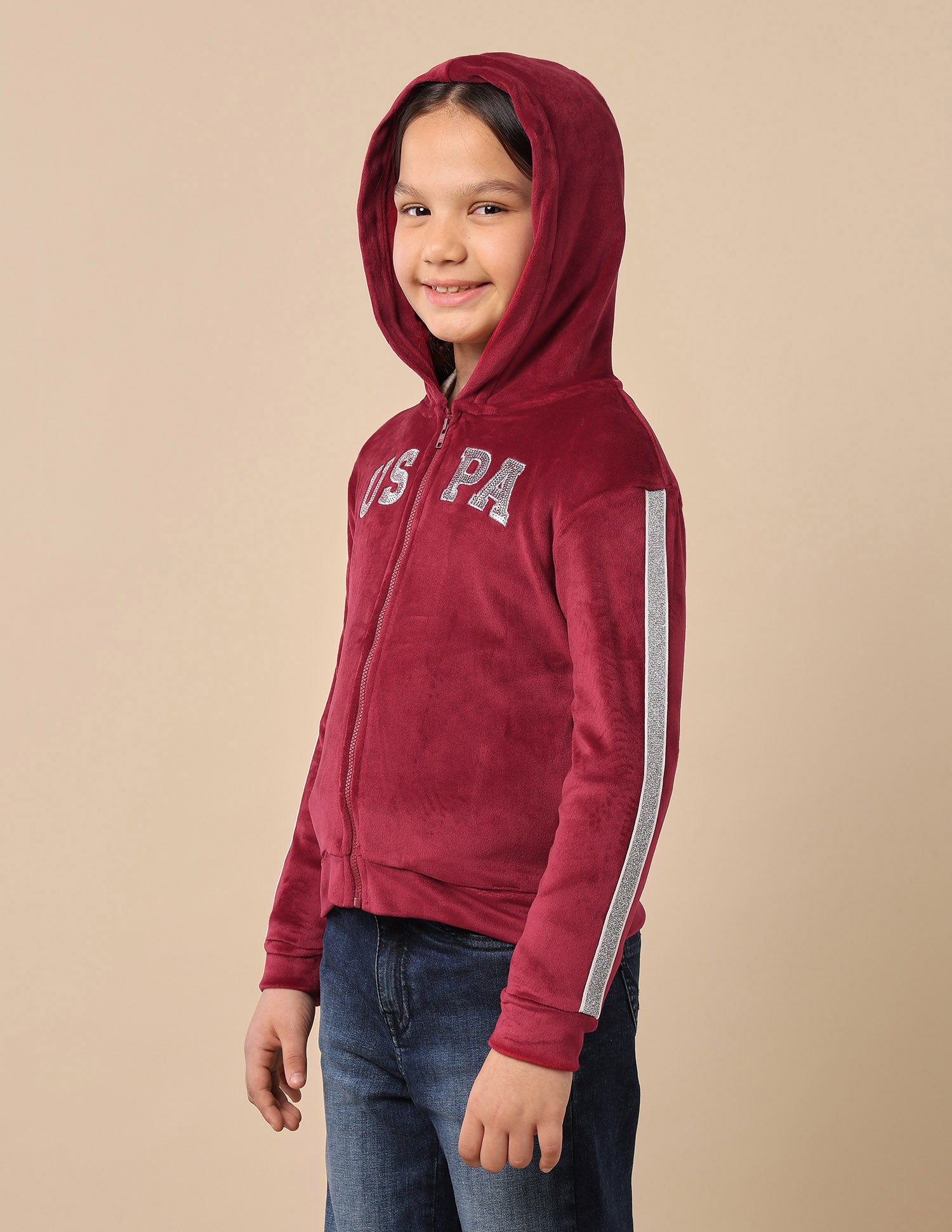 Girls Lurex Tape Velour Sweatshirt Maroon - U.S. POLO ASSN. | Large