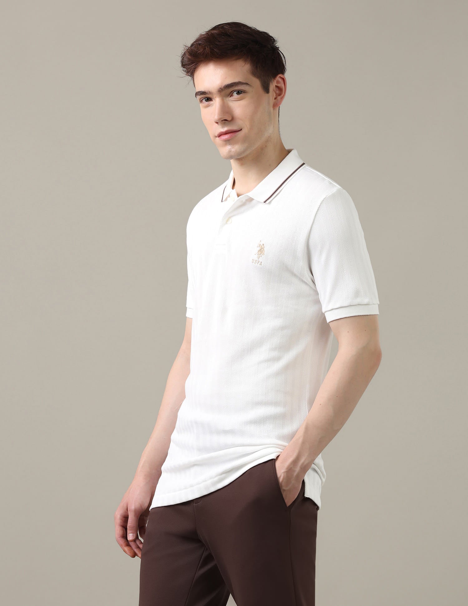 Textured Chevron Slim Fit Polo Shirt White - U.S. Polo Assn. India | Large