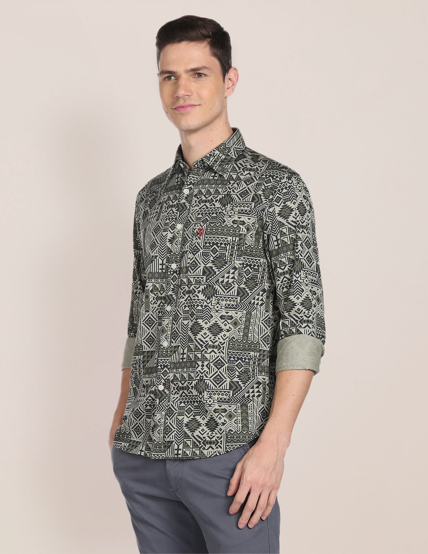 Spread Collar Geometric Print Shirt Olive - U.S. Polo Assn. India | Large