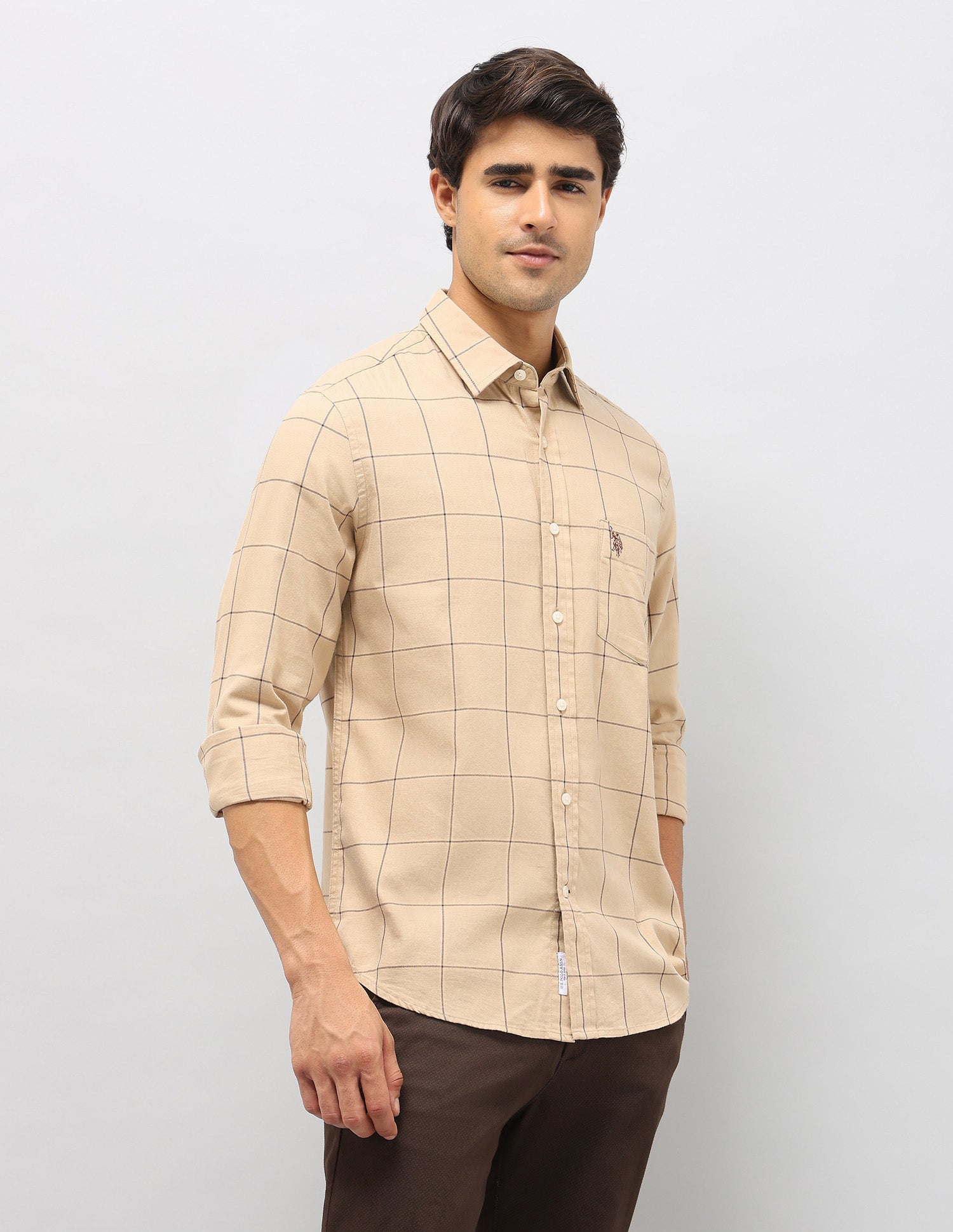 Windowpane Checked Pure Cotton Shirt Dark Beige - U.S. Polo Assn. India | Large
