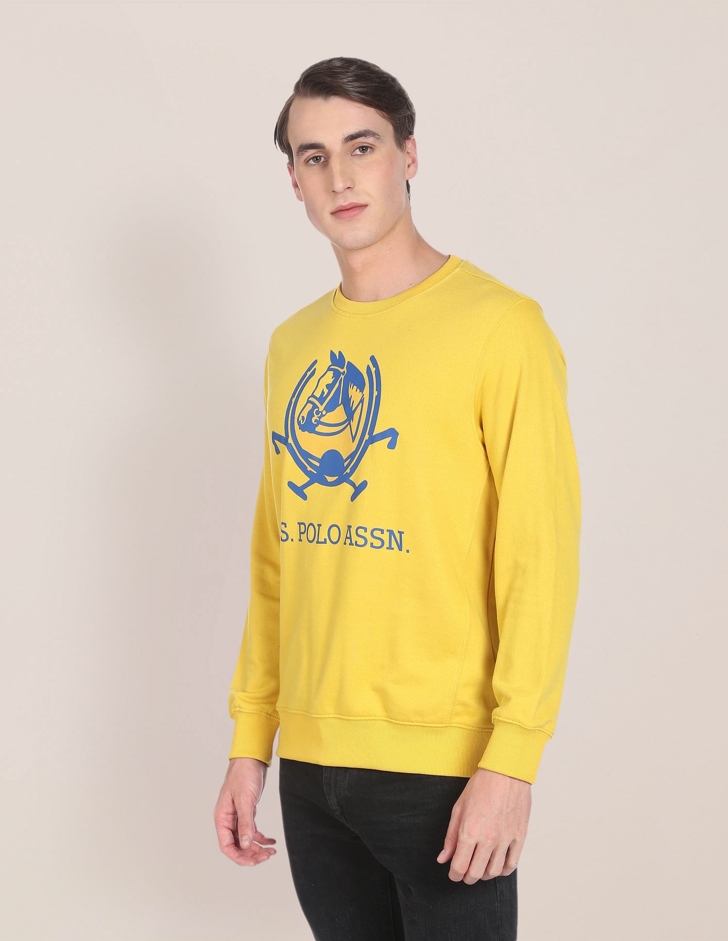 Crew Neck Brand Print Sweatshirt Yellow - U.S. POLO ASSN. | Large