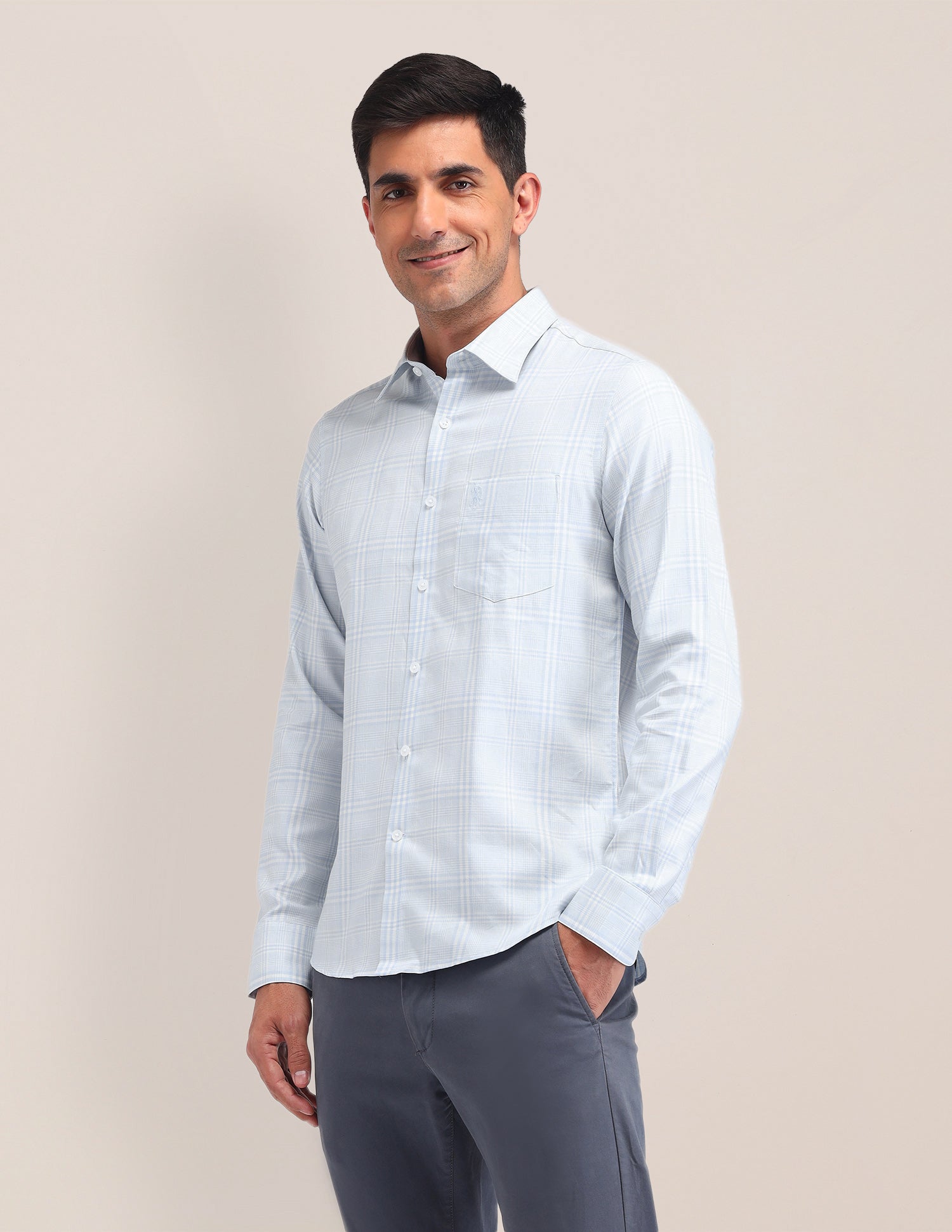 Micro Checked Twill Shirt Blue - U.S. Polo Assn. India | Large