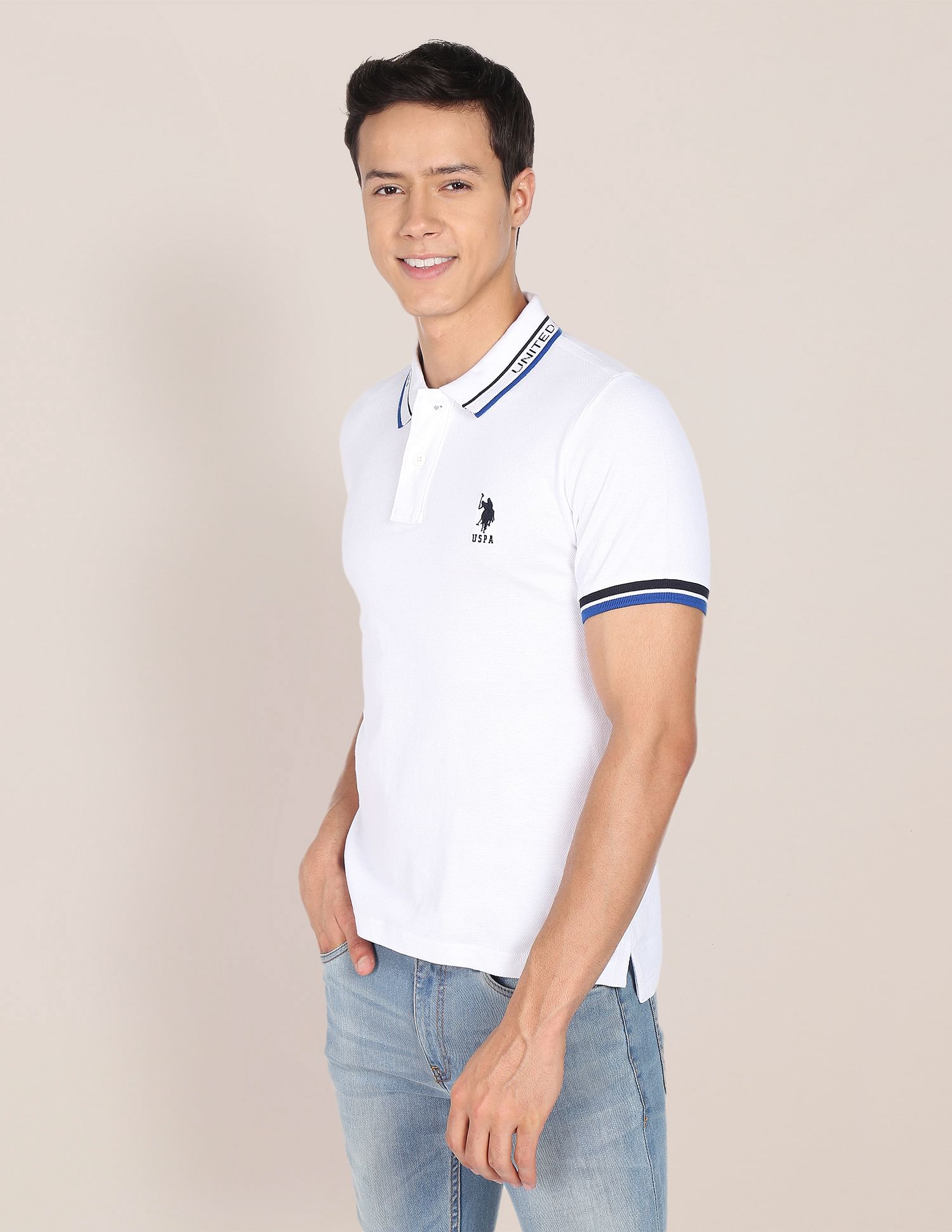 Men White Solid Cotton Polo Shirt White - U.S. Polo Assn. India | Large