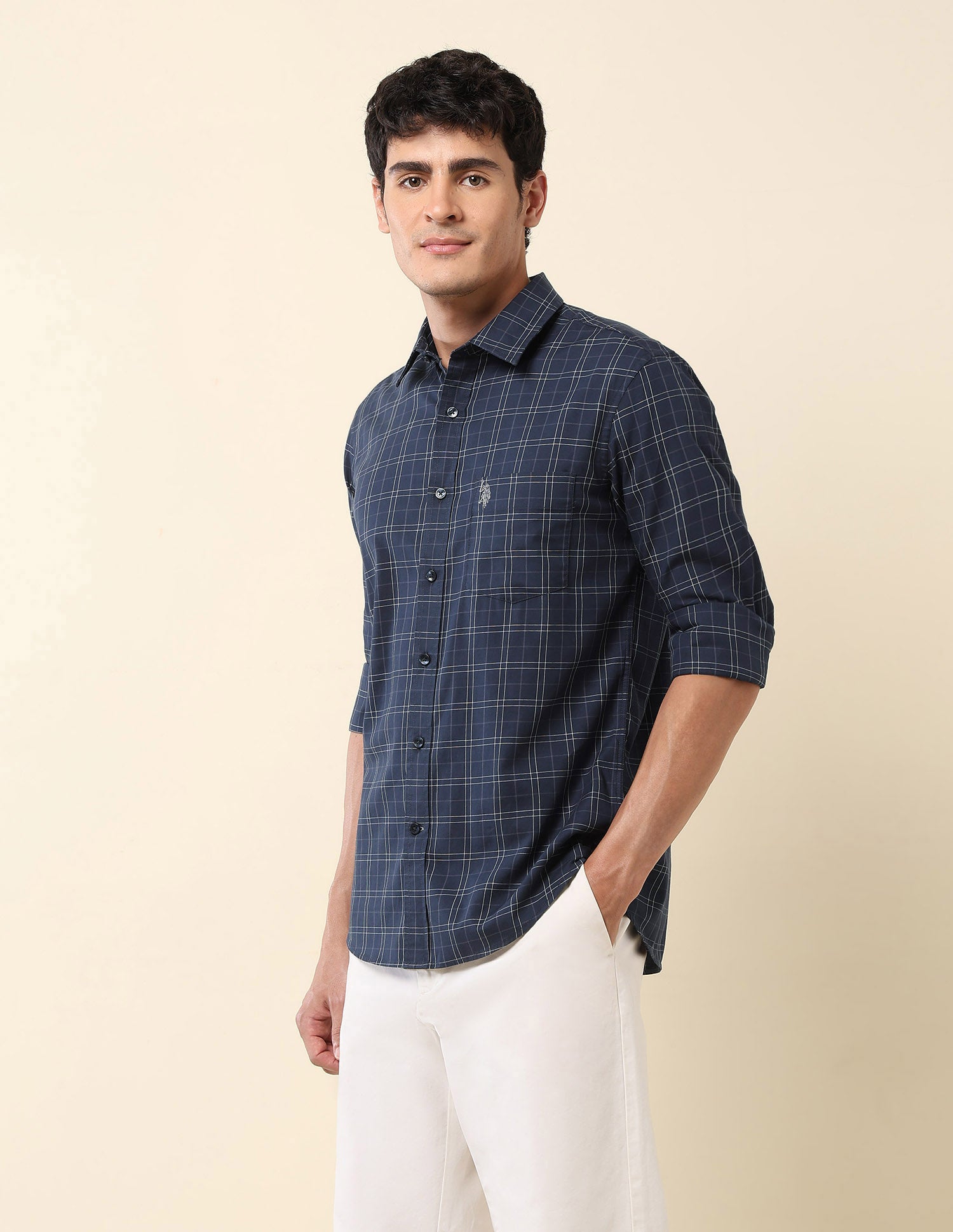 Grid Tattersall Checked Tailored Fit Shirt Navy - U.S. Polo Assn. India | Large