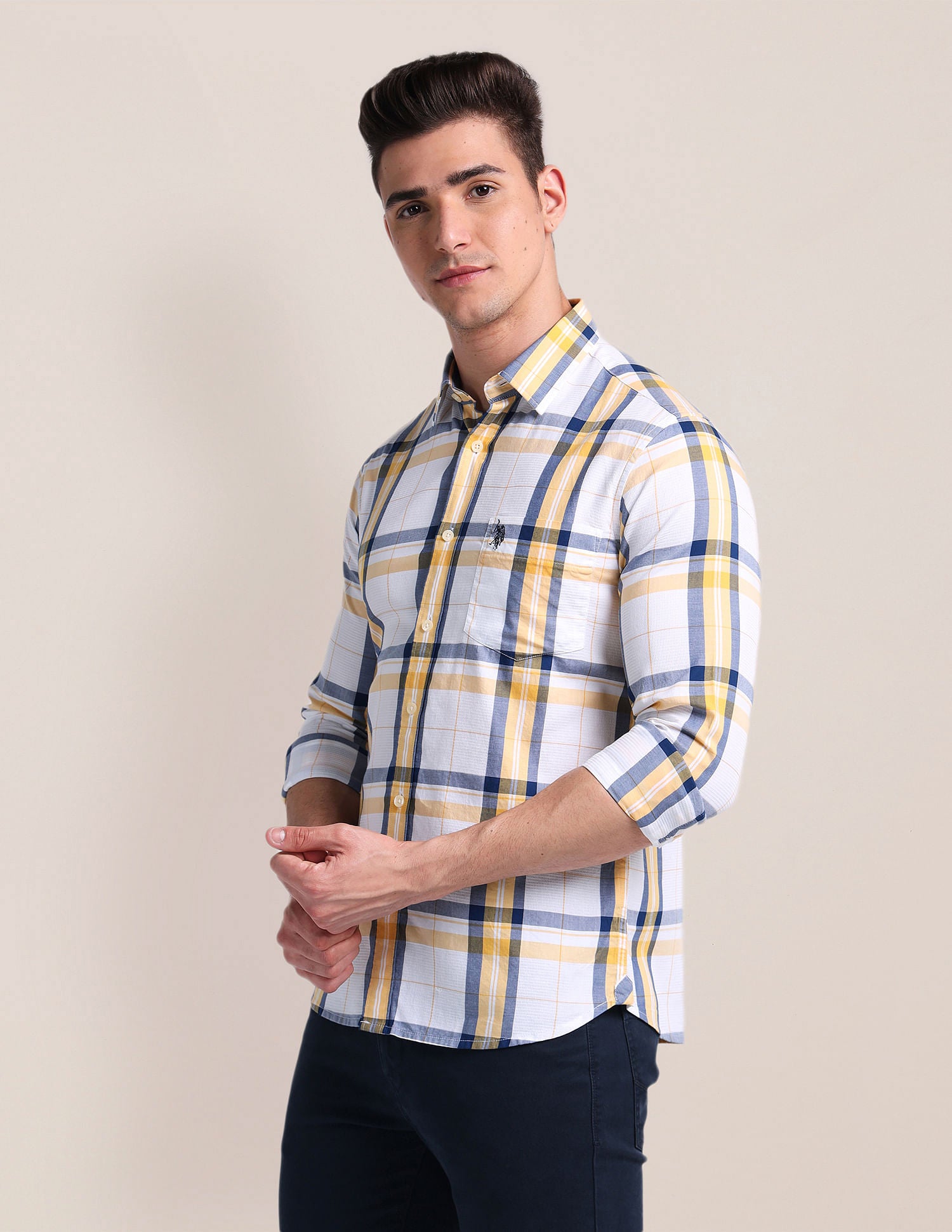 Premium Cotton Patterned Weave Shirt Yellow - U.S. Polo Assn. India | Large