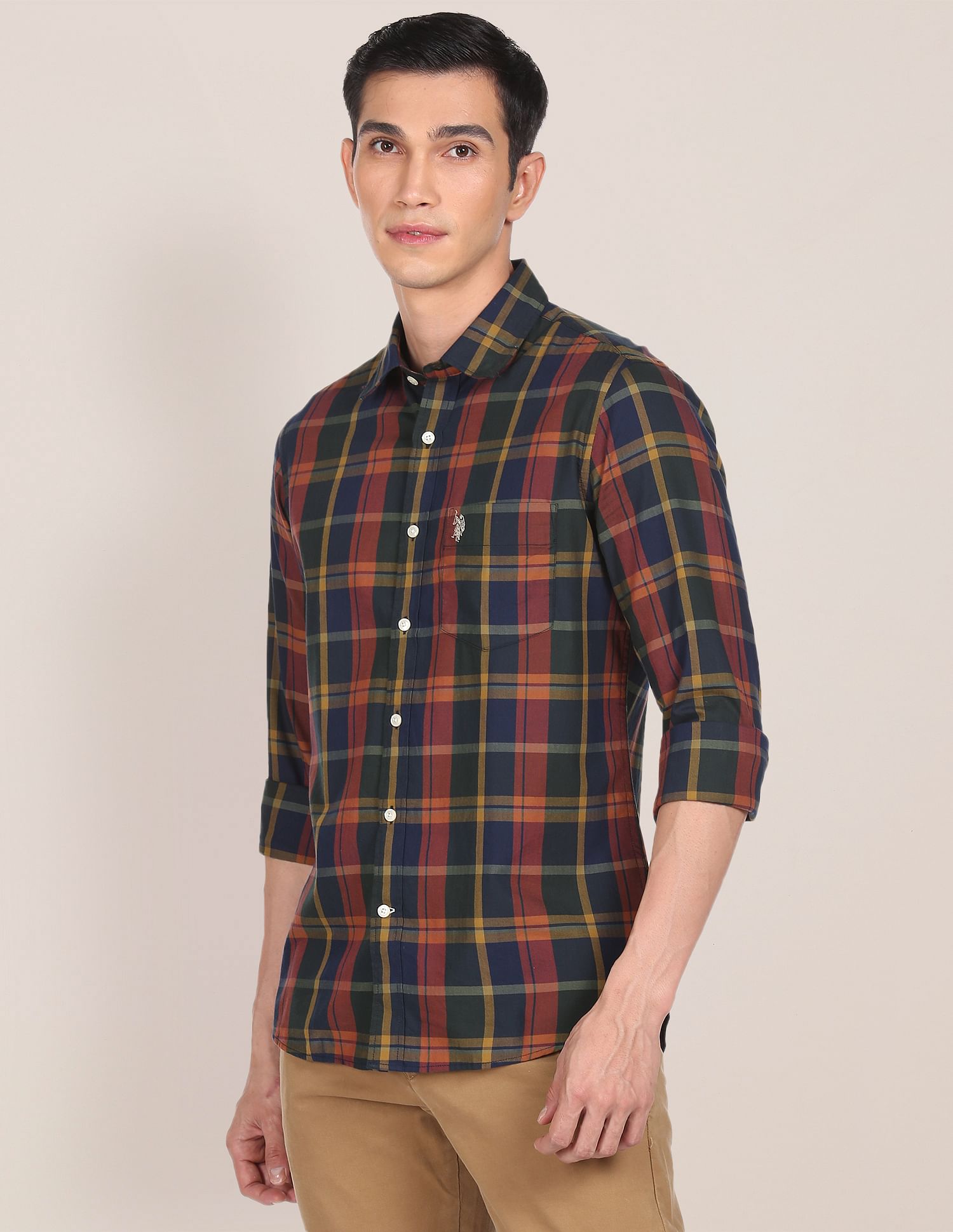 Men Navy Spread Collar Check Casual Shirt Navy - U.S. POLO ASSN. | Large