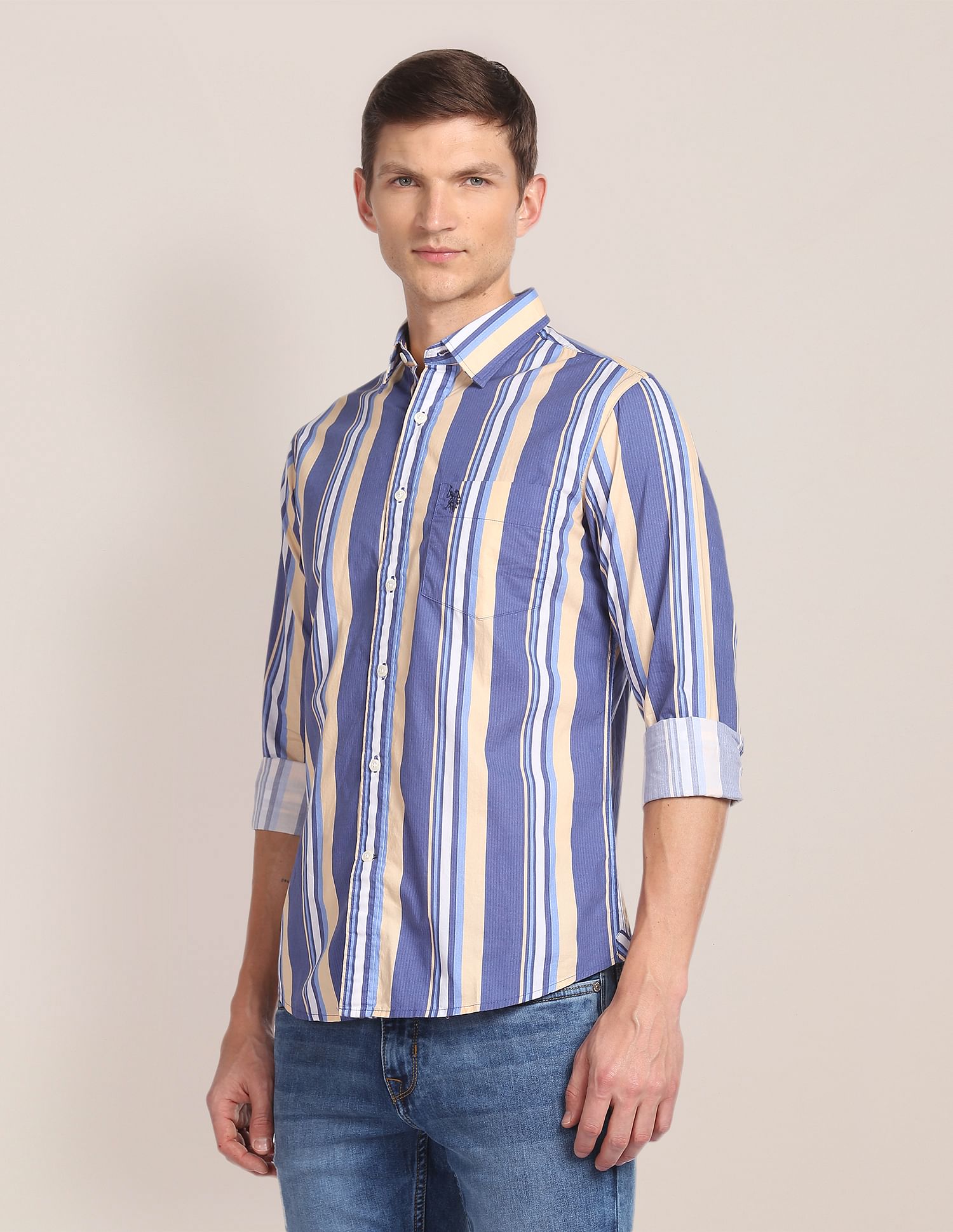 Spread Collar Striped Casual Shirt Blue - U.S. Polo Assn. India | Large