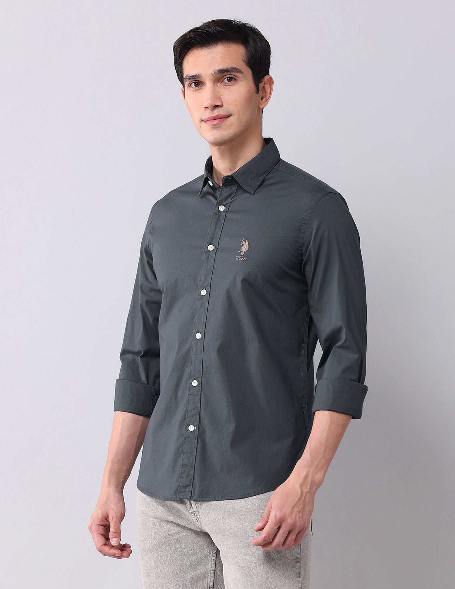 Regular Fit Twill Solid Shirt Charcoal - U.S. Polo Assn. India | Large