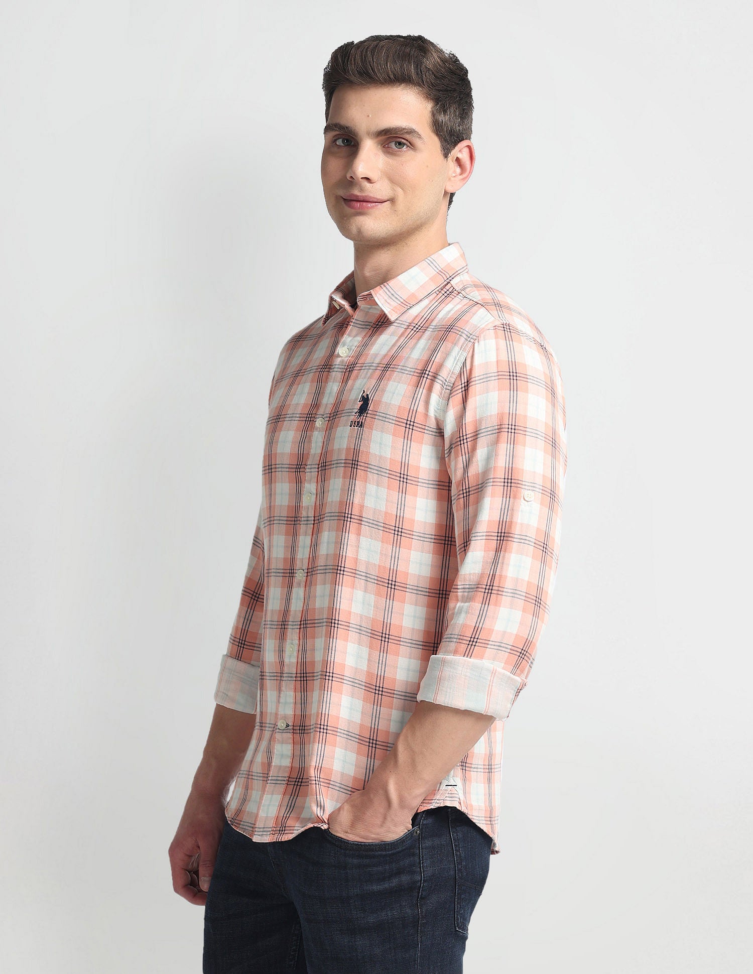 Slim Fit Tartan Check Shirt Peach - U.S. Polo Assn. India | Large