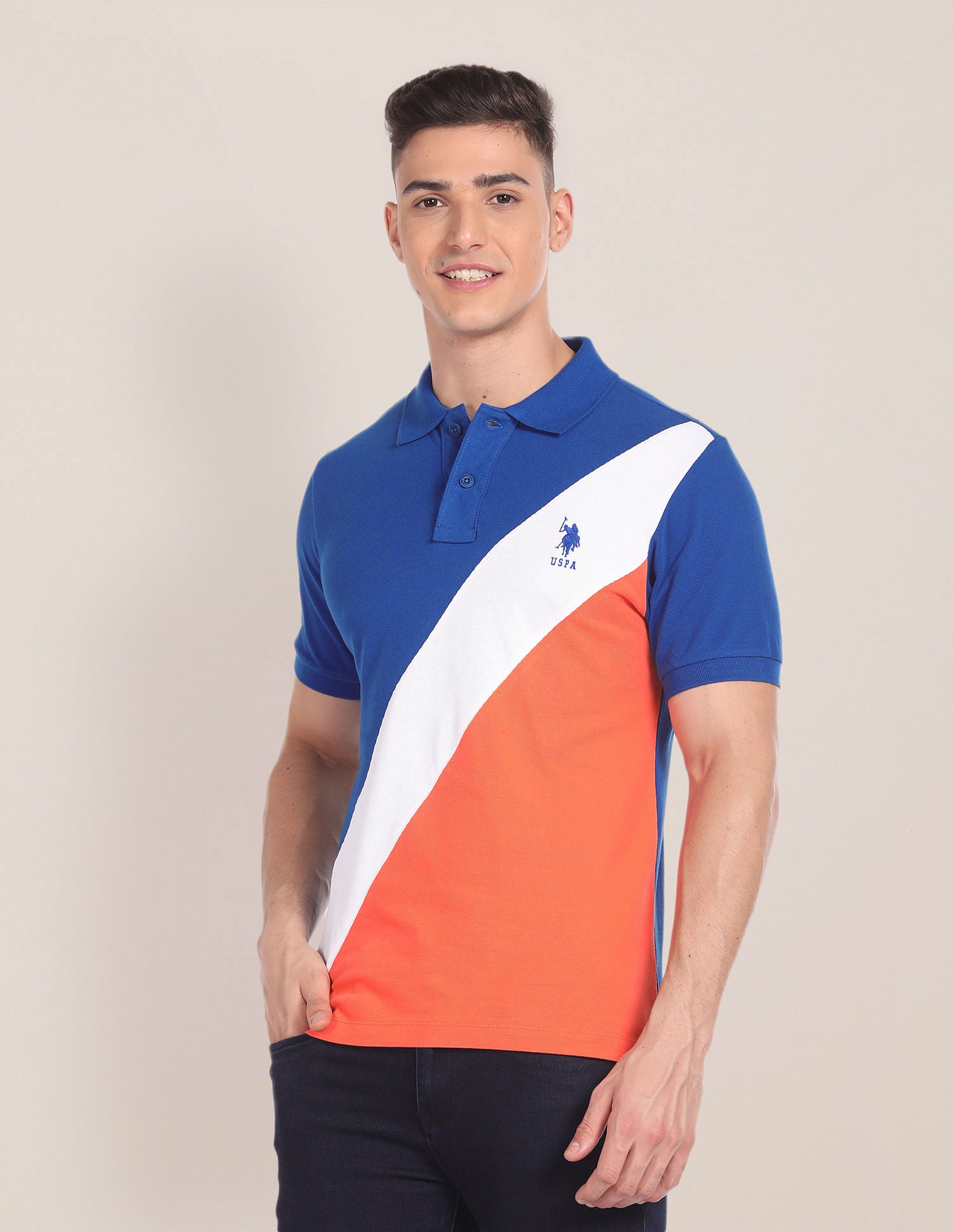 Colour Blocked Cotton Polo Shirt Blue - U.S. Polo Assn. India | Large