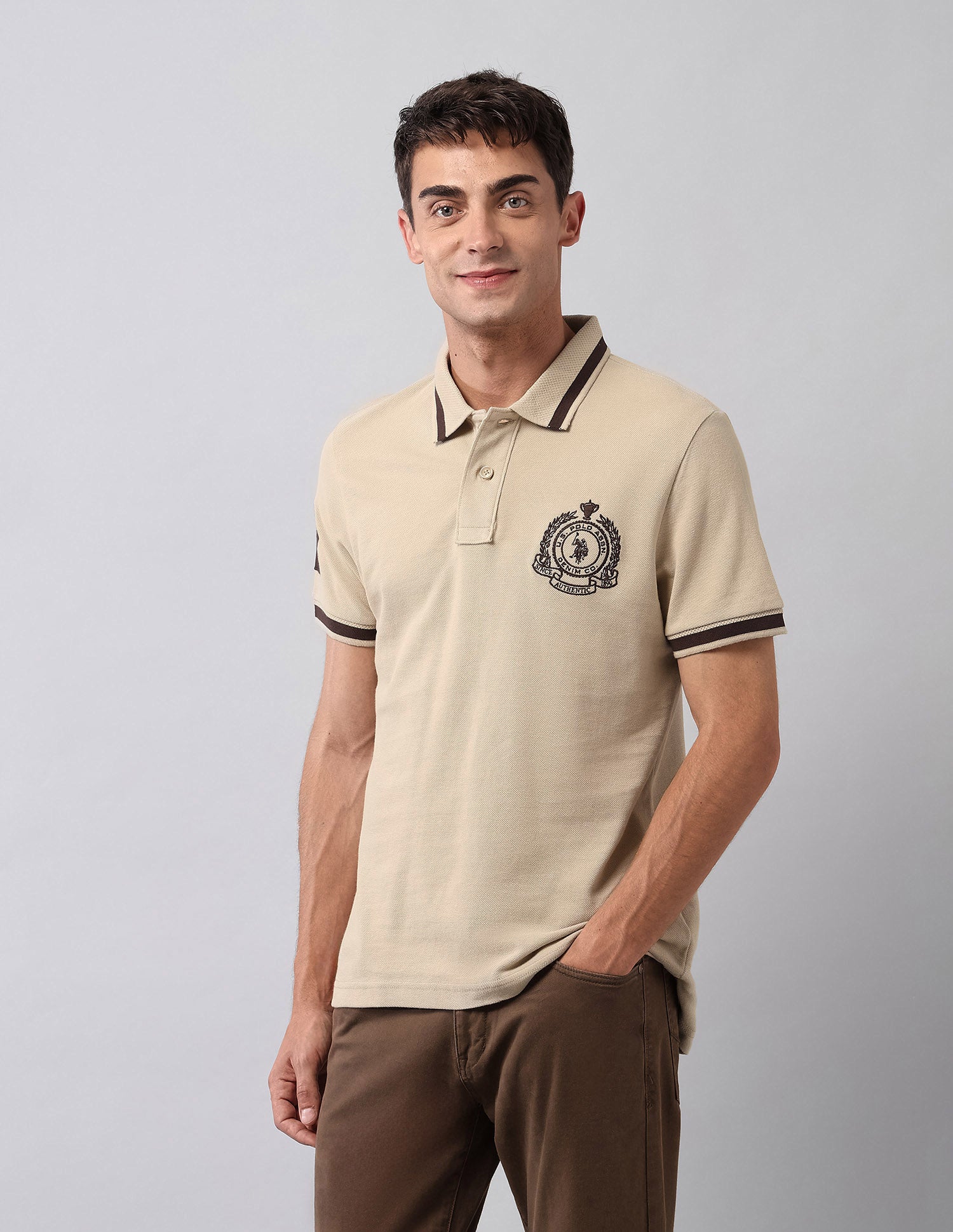 Pure Cotton Muscle Fit Polo Shirt Beige - U.S. Polo Assn. India | Large