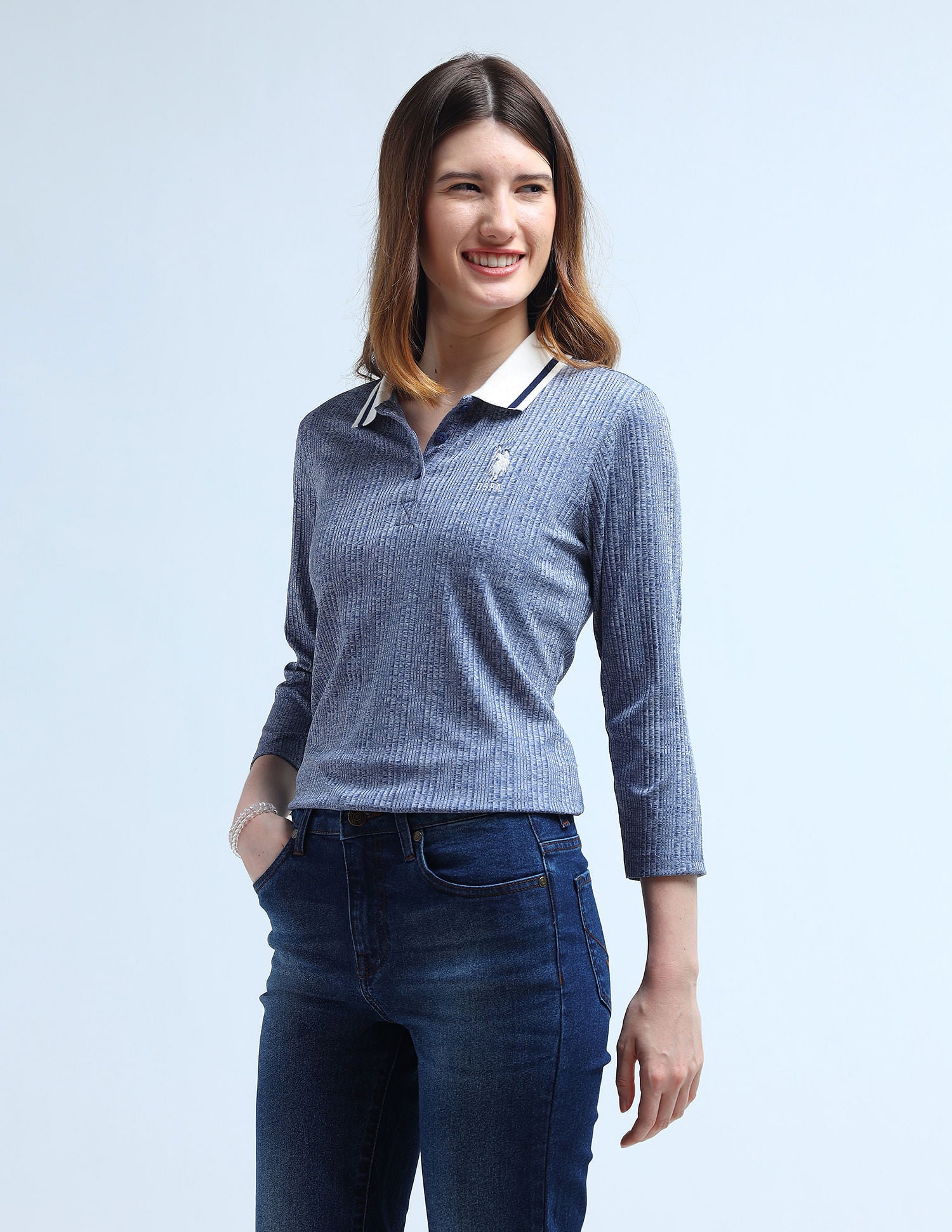 Contrast Collar Textured Polo Shirt Blue - U.S. POLO ASSN. | Large